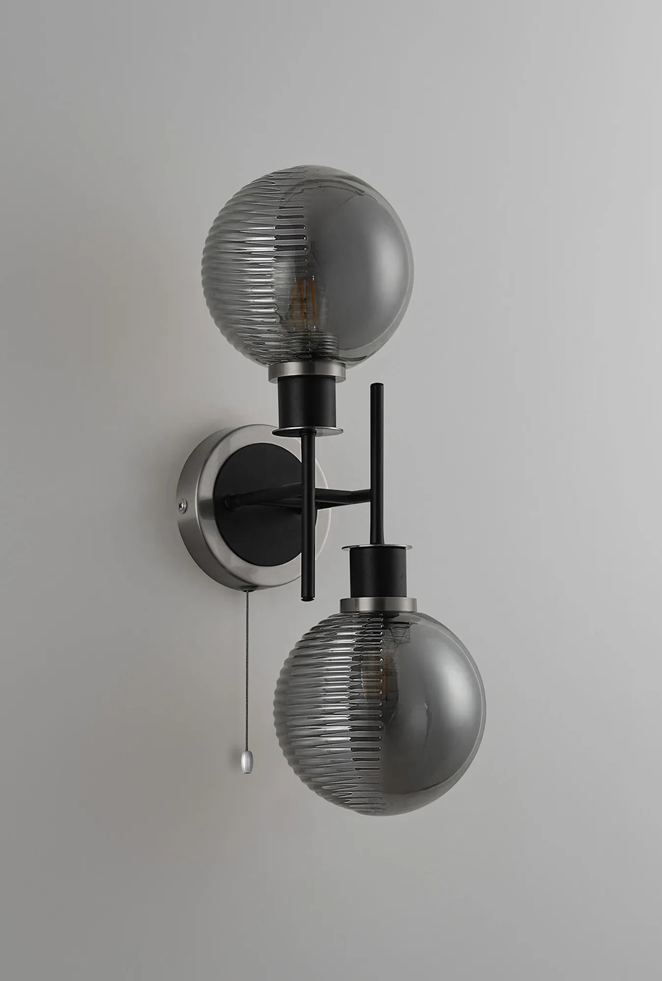 Sycamore Switched Wall Light 2 Light -IP44 with 15cm Round Double Textured Smooth & Ribbed Shade - Satin Nickel, Smoke Plated & Satin Black