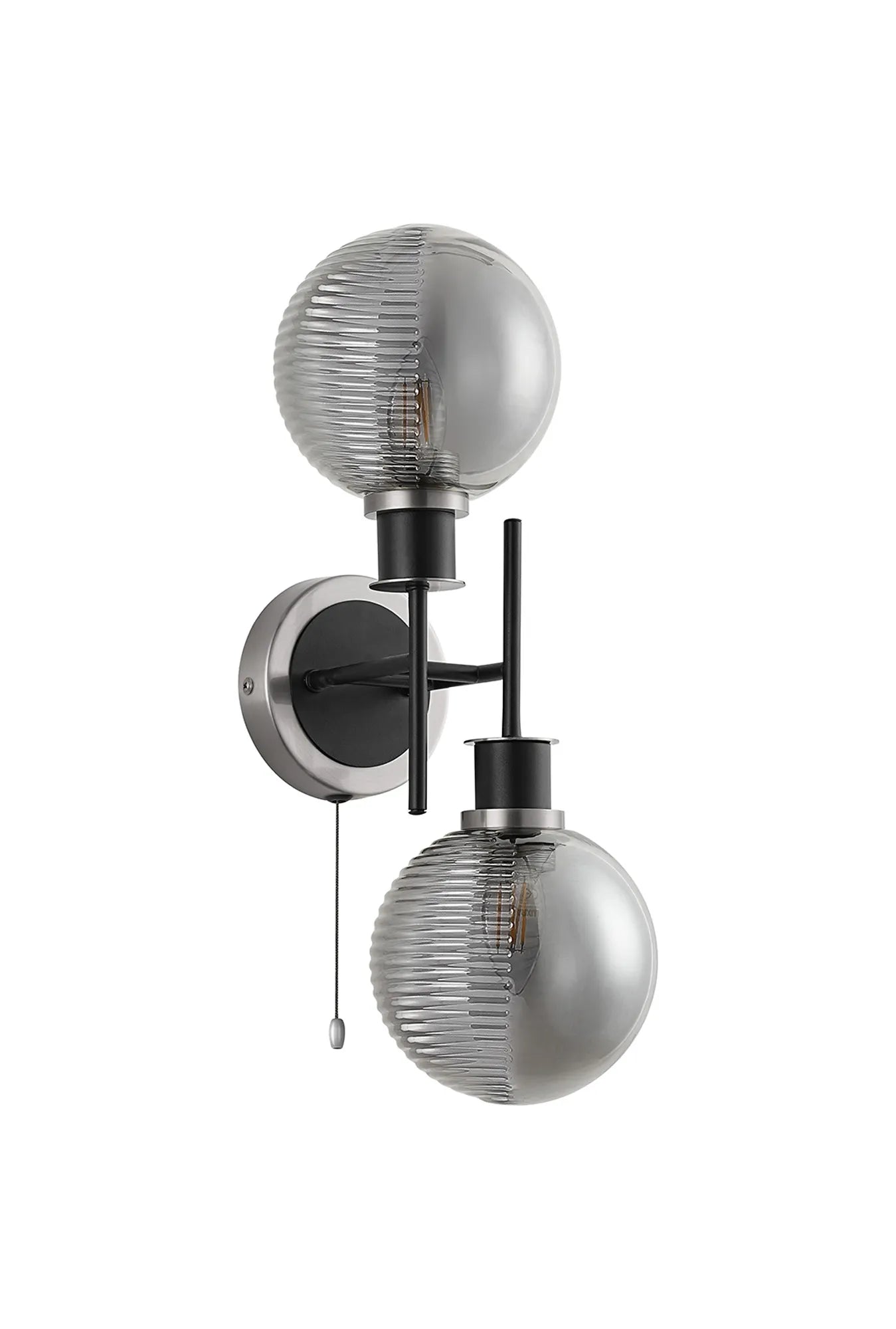 Sycamore Switched Wall Light 2 Light -IP44 with 15cm Round Double Textured Smooth & Ribbed Shade - Satin Nickel, Smoke Plated & Satin Black