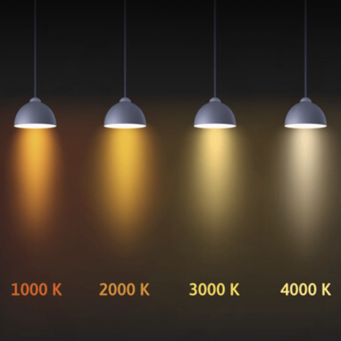Four pendant lights with different color temperatures on a dark background.