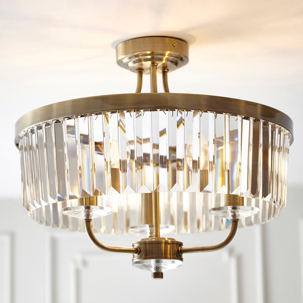 Utopia Martini 3 Light Semi Flush Fitting - Antique Brass & Clear Cut Glass