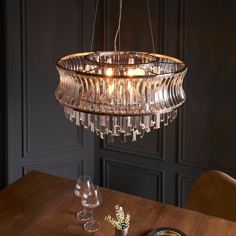 Utopia Bow 9 Light Pendant - Bright Nickel Plate with Crystal & Clear Glass