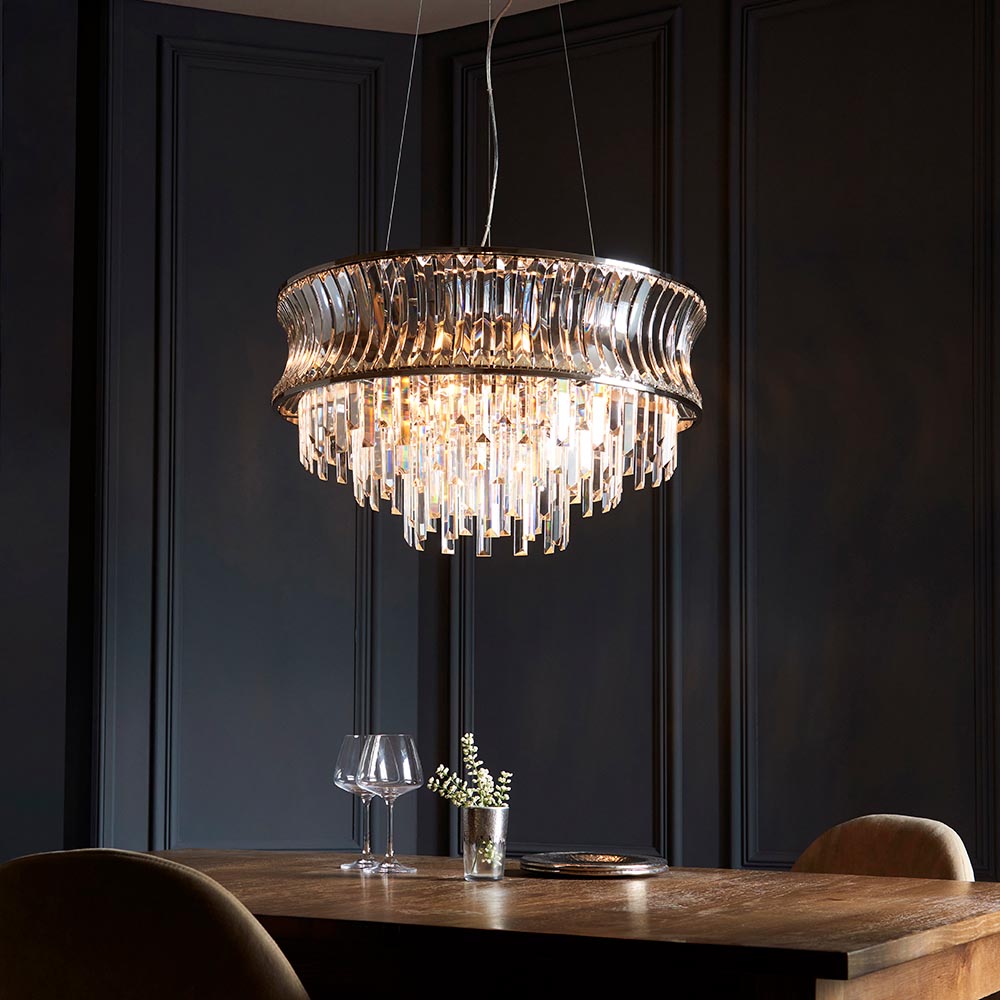 Utopia Bow 9 Light Pendant - Bright Nickel Plate with Crystal & Clear Glass