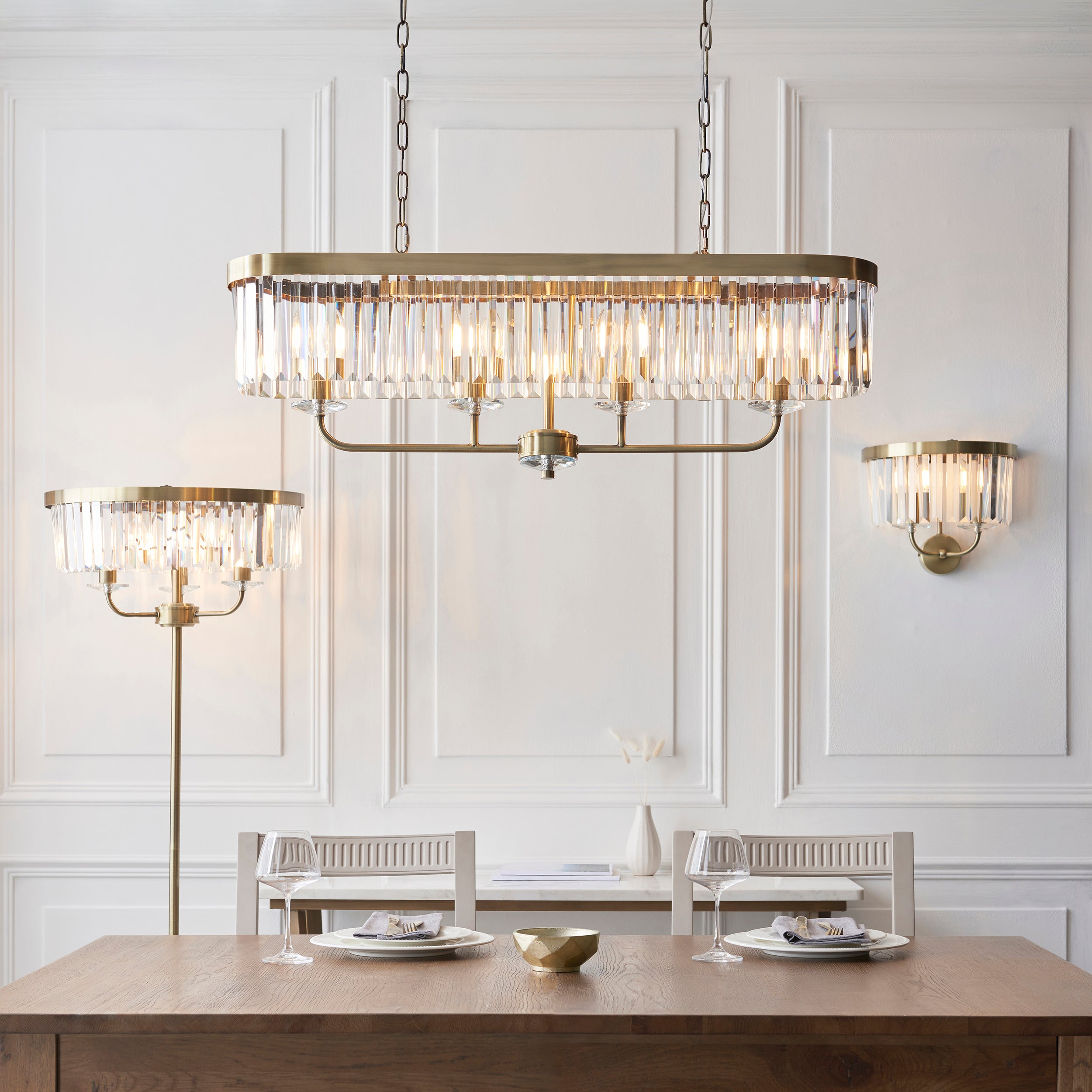 Utopia Martini 3 Light Floor Lamp - Antique Brass & Clear Cut Glass
