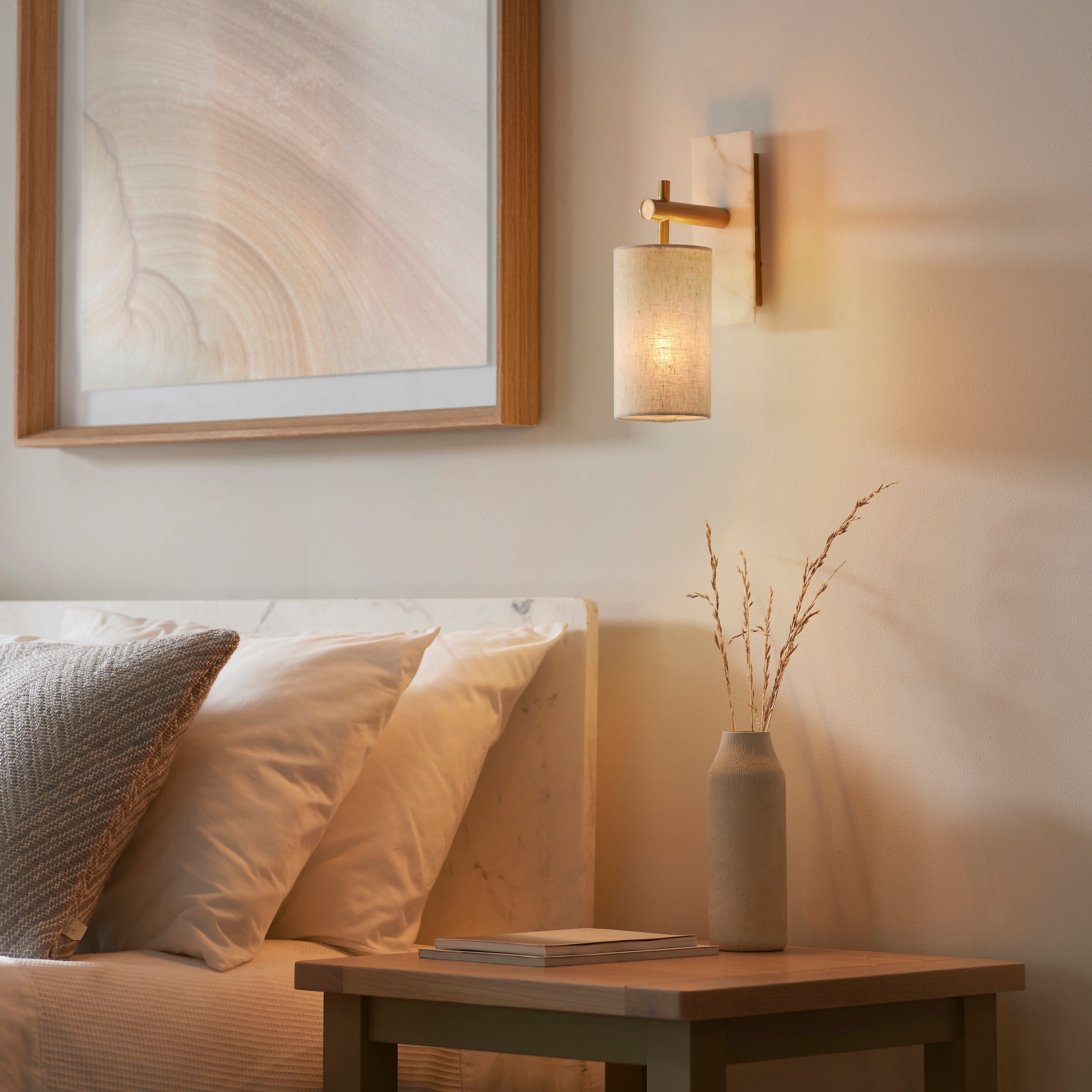 Utopia Spire Single White Marble Wall Light - Vintage Brass & Natural Cylindrical Shade