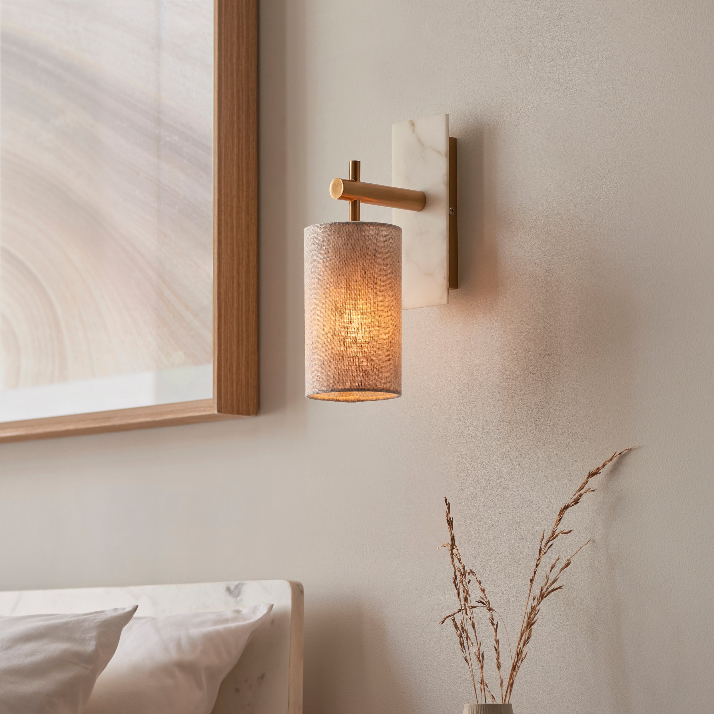 Utopia Spire Single White Marble Wall Light - Vintage Brass & Natural Cylindrical Shade