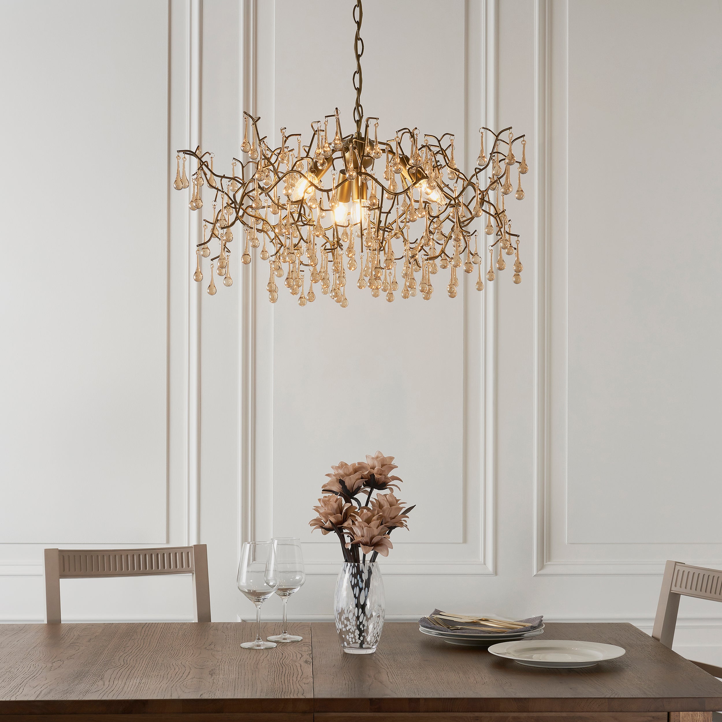 Utopia Drip 4 Light Pendant Chandelier - Aged Gold With Champagne Tinted Glass - 75cm Diameter