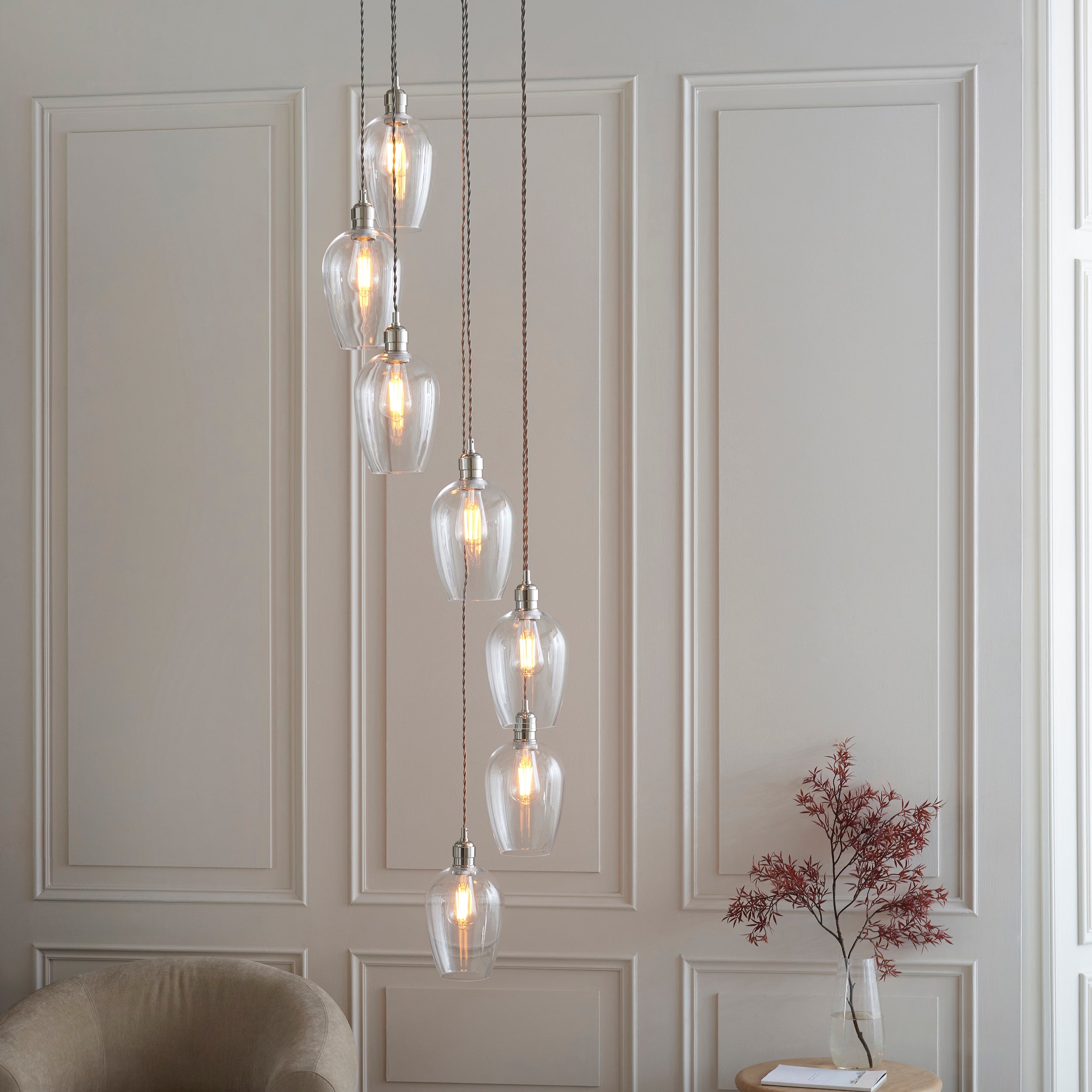 Utopia Finesse 7 Light Cascade Ceiling Pendant - Bright Nickel & Clear Glass