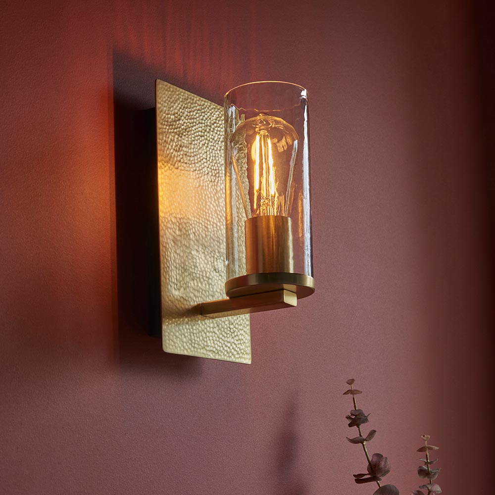 Utopia Swirl Single Wall Light - Hammered Brass Plate & Textured Clear Glass