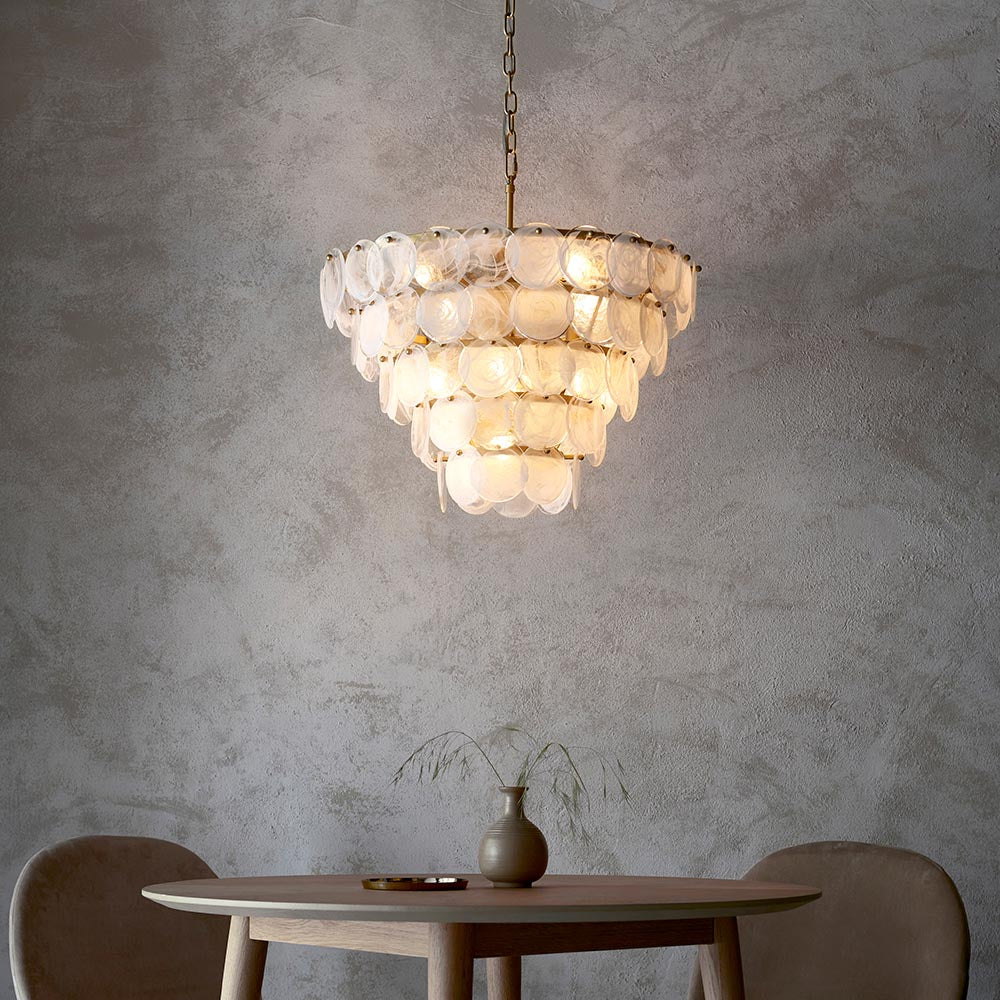 Utopia Scale 9 Light Pendant Chandelier - Antique Gold Paint with White & Clear Glass