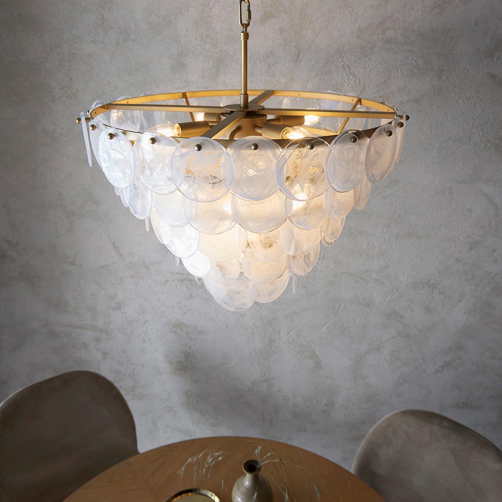 Utopia Scale 9 Light Pendant Chandelier - Antique Gold Paint with White & Clear Glass