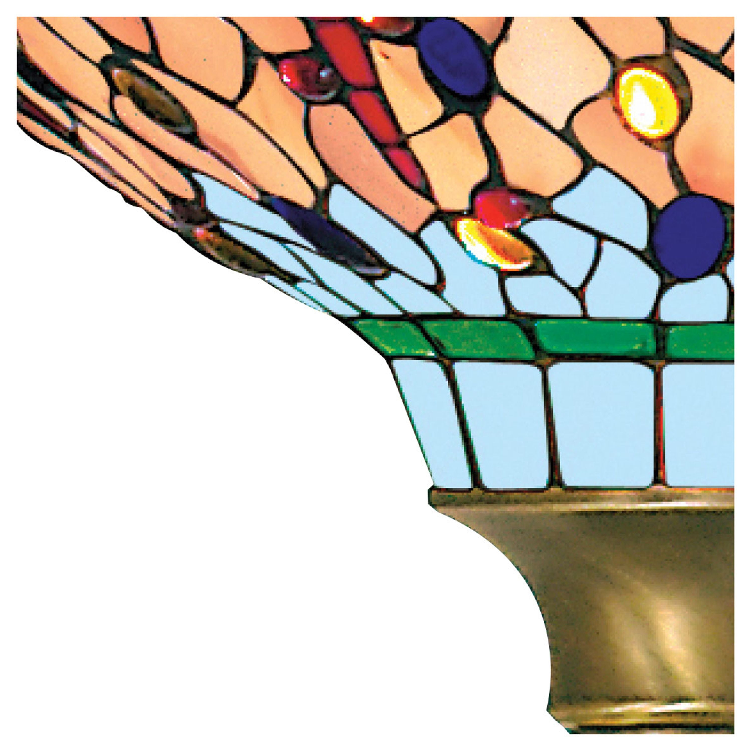 Close up of the Dragonfly floor lamp's stained glass shade showing the dragonfly wing motif in amber and pale blue glass with red and blue jewel inlays