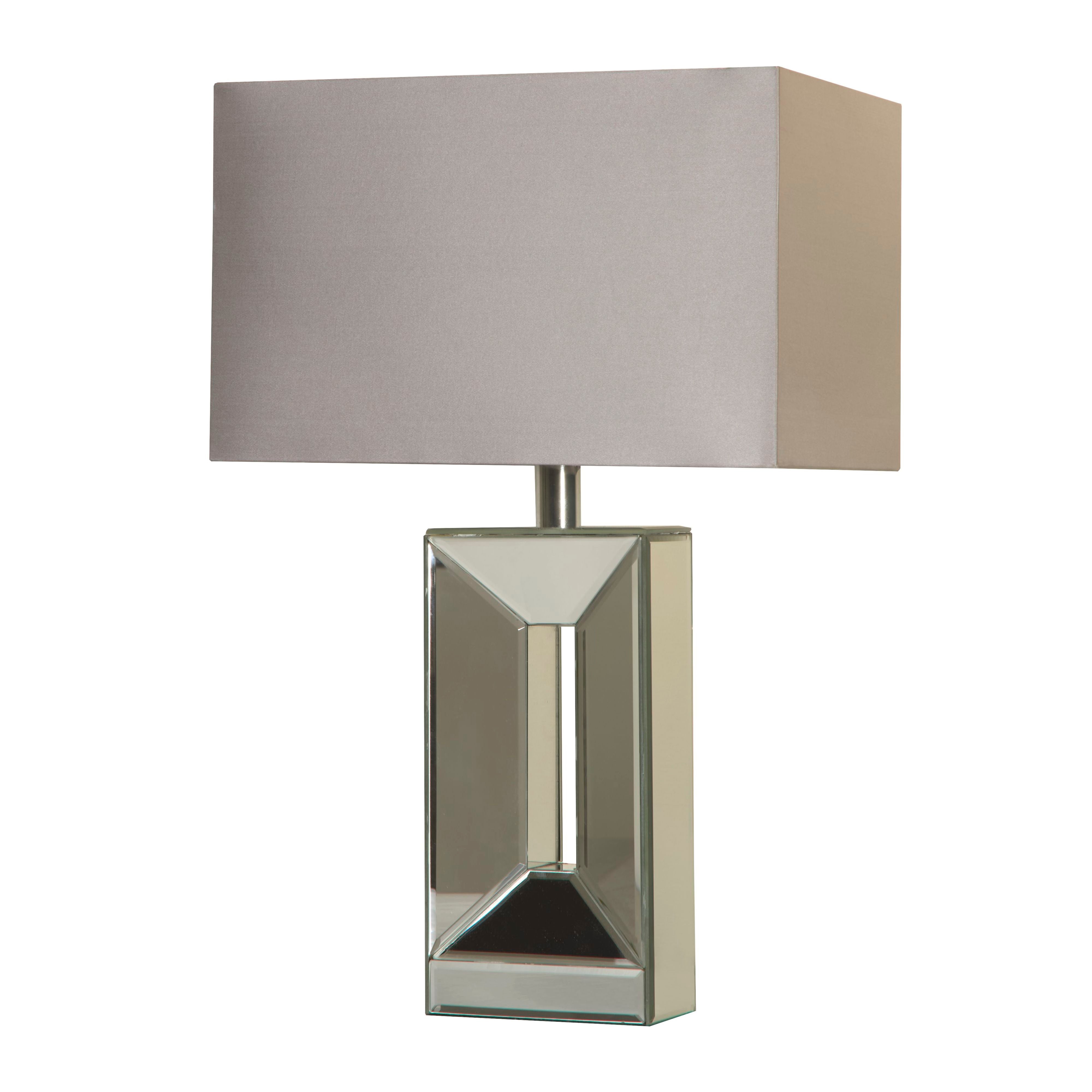 Searchlight Megan table lamp with geometric mirrored base and grey rectangular faux silk shade, alternate front angle on white background