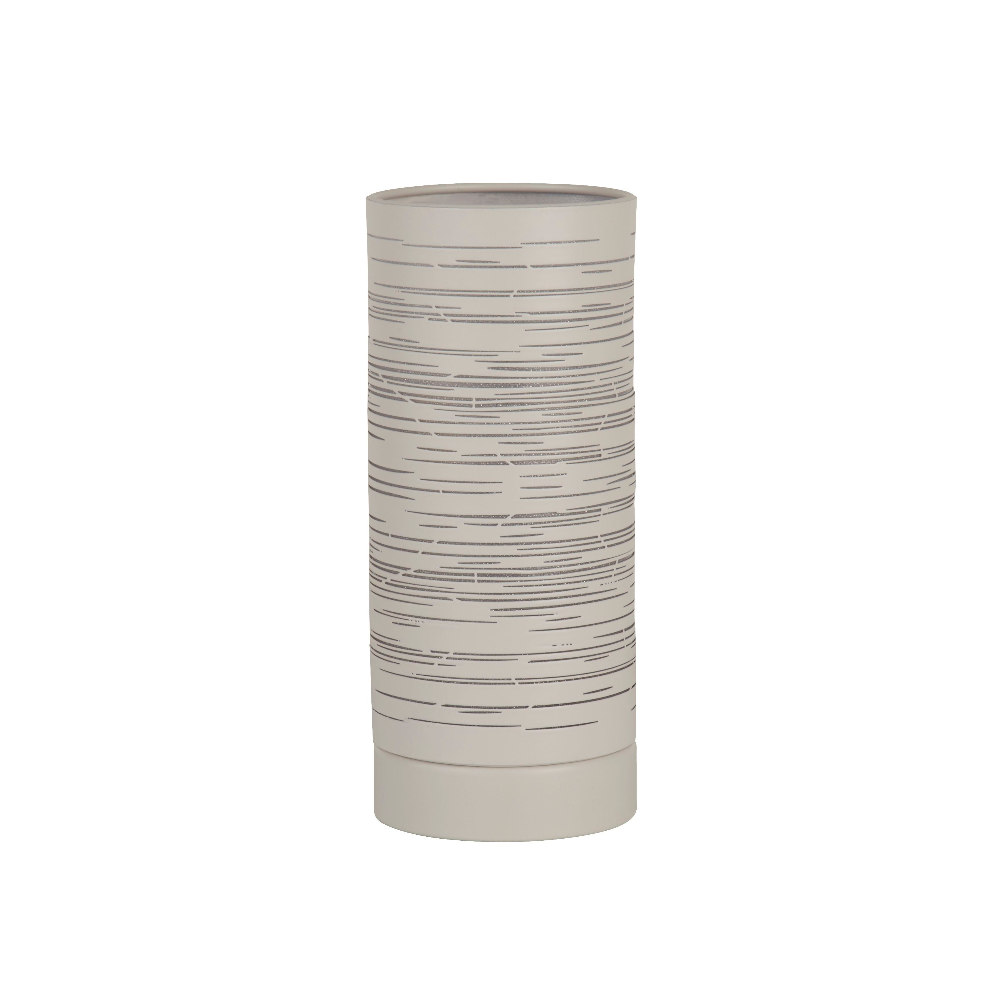 Searchlight Savvy table lamp in white with a scratched, etched texture, shown switched off, studio shot