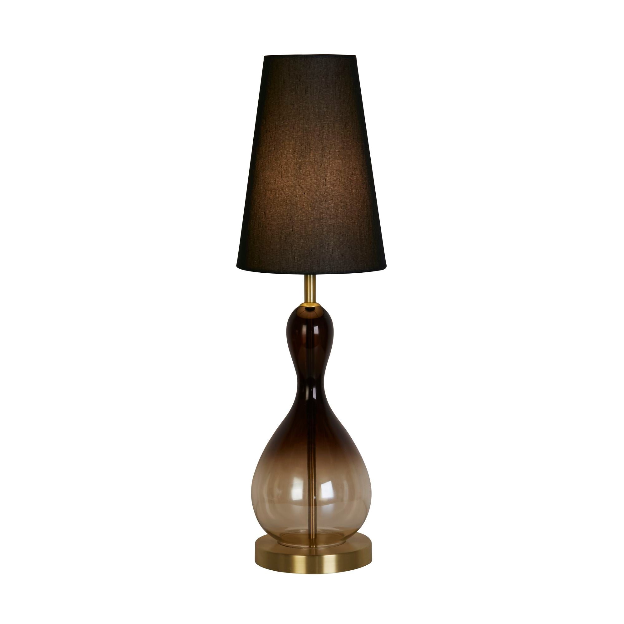 Searchlight Marakesh table lamp with black ombre glass base, satin brass metal details and a tall black cone shaped linen shade, studio shot