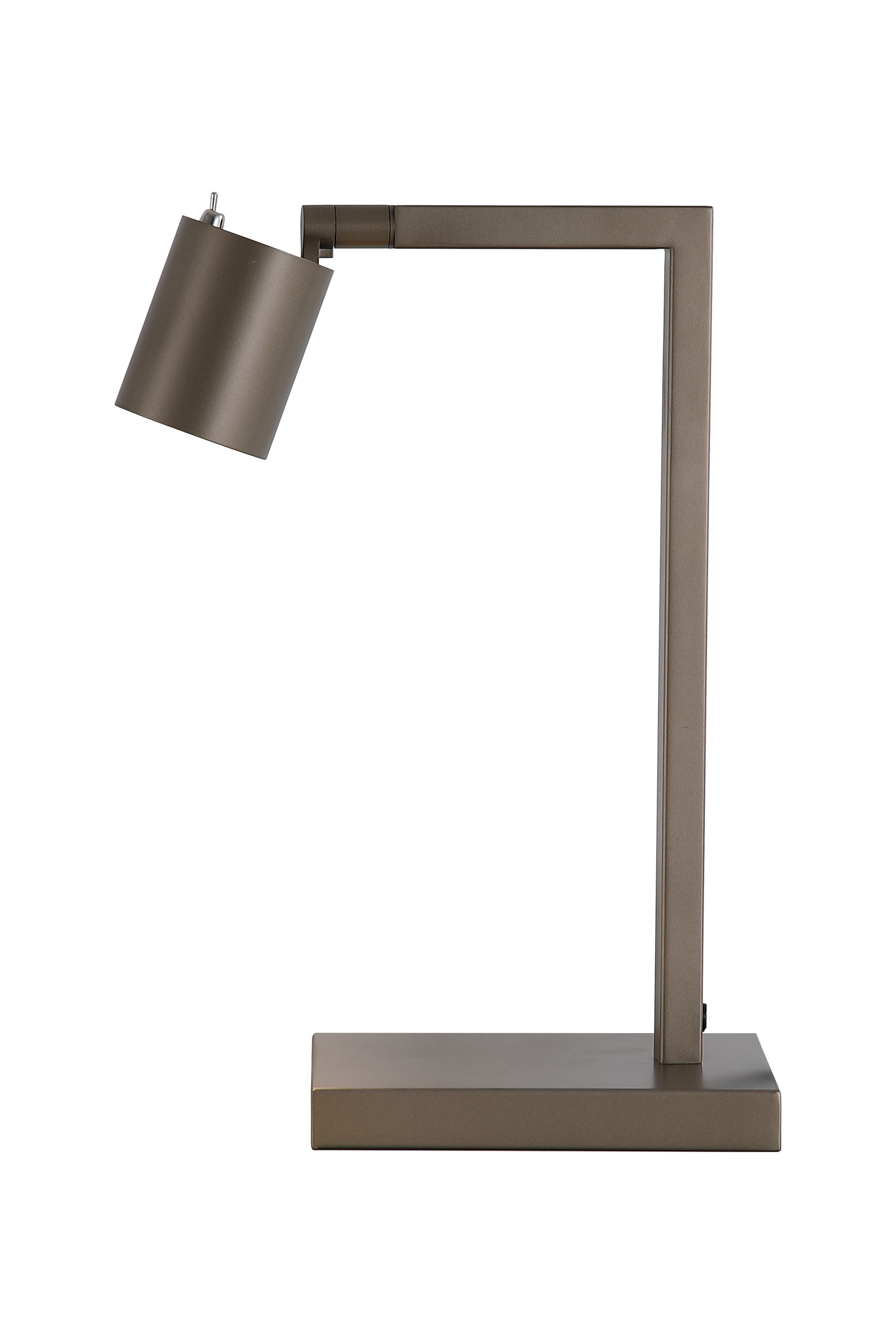 Office table lamp in a latte metal finish with an angular right angled frame and cylindrical shade, on a plain white background