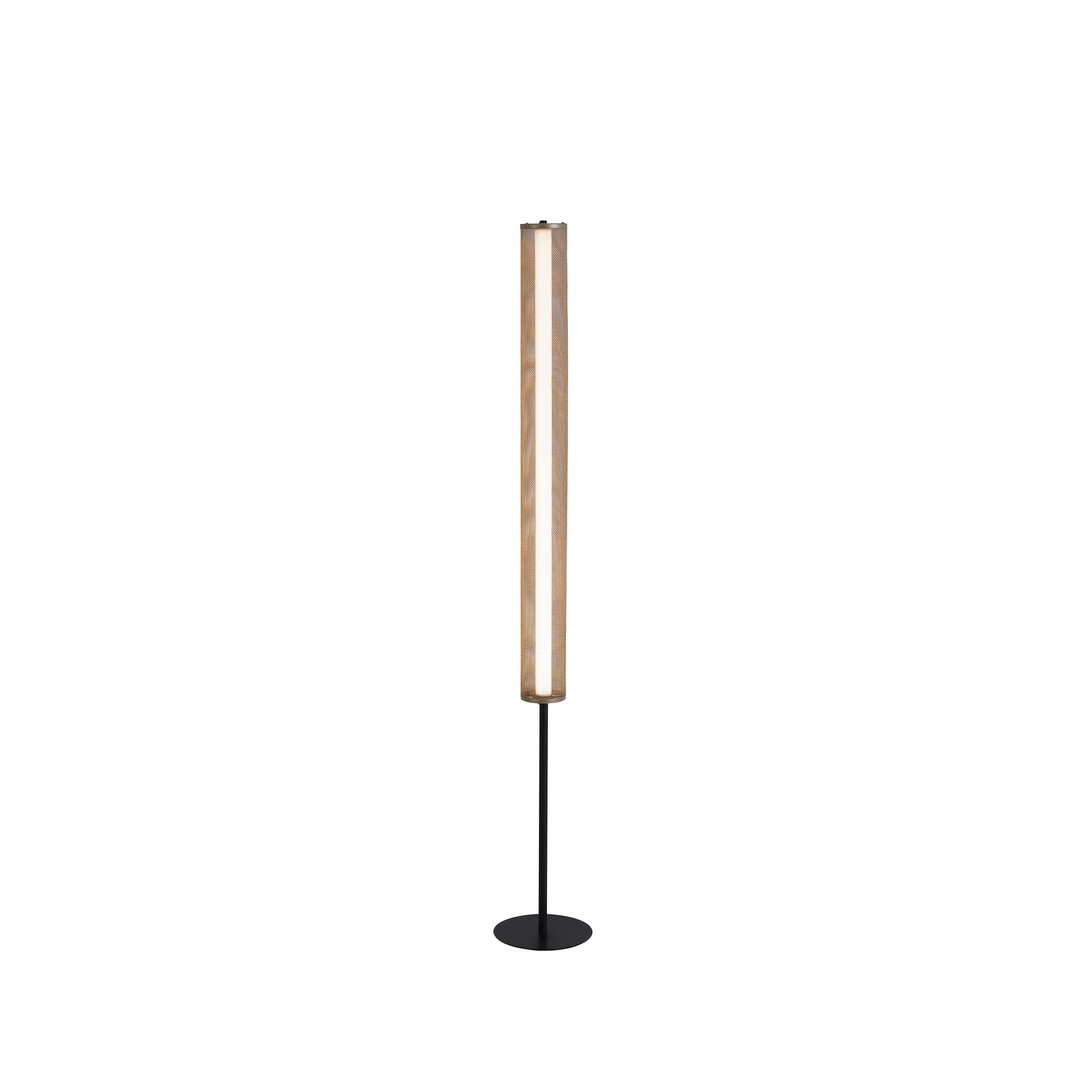 Searchlight Thread LED floor lamp in gold mesh and matt black, full length front view, shade lit warm white