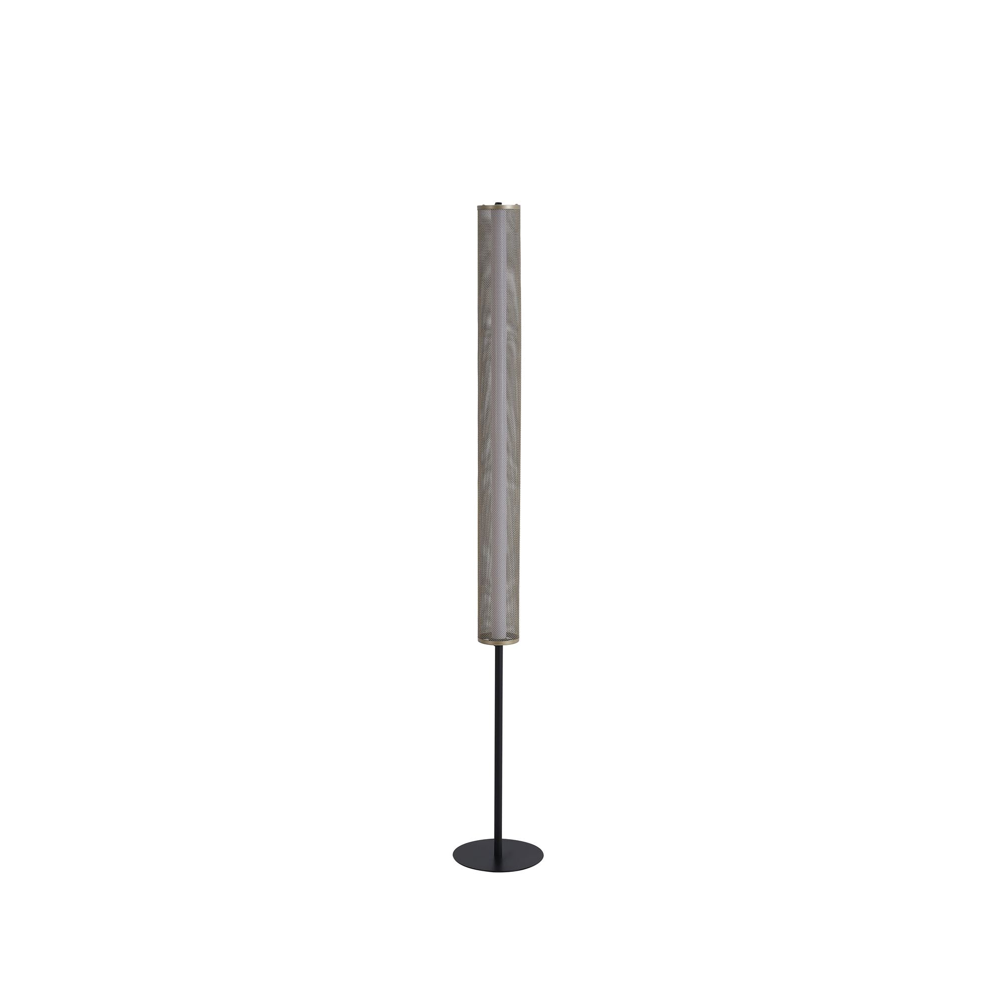 Searchlight Thread LED floor lamp in gold mesh and matt black, full length front view, shade unlit showing mesh texture