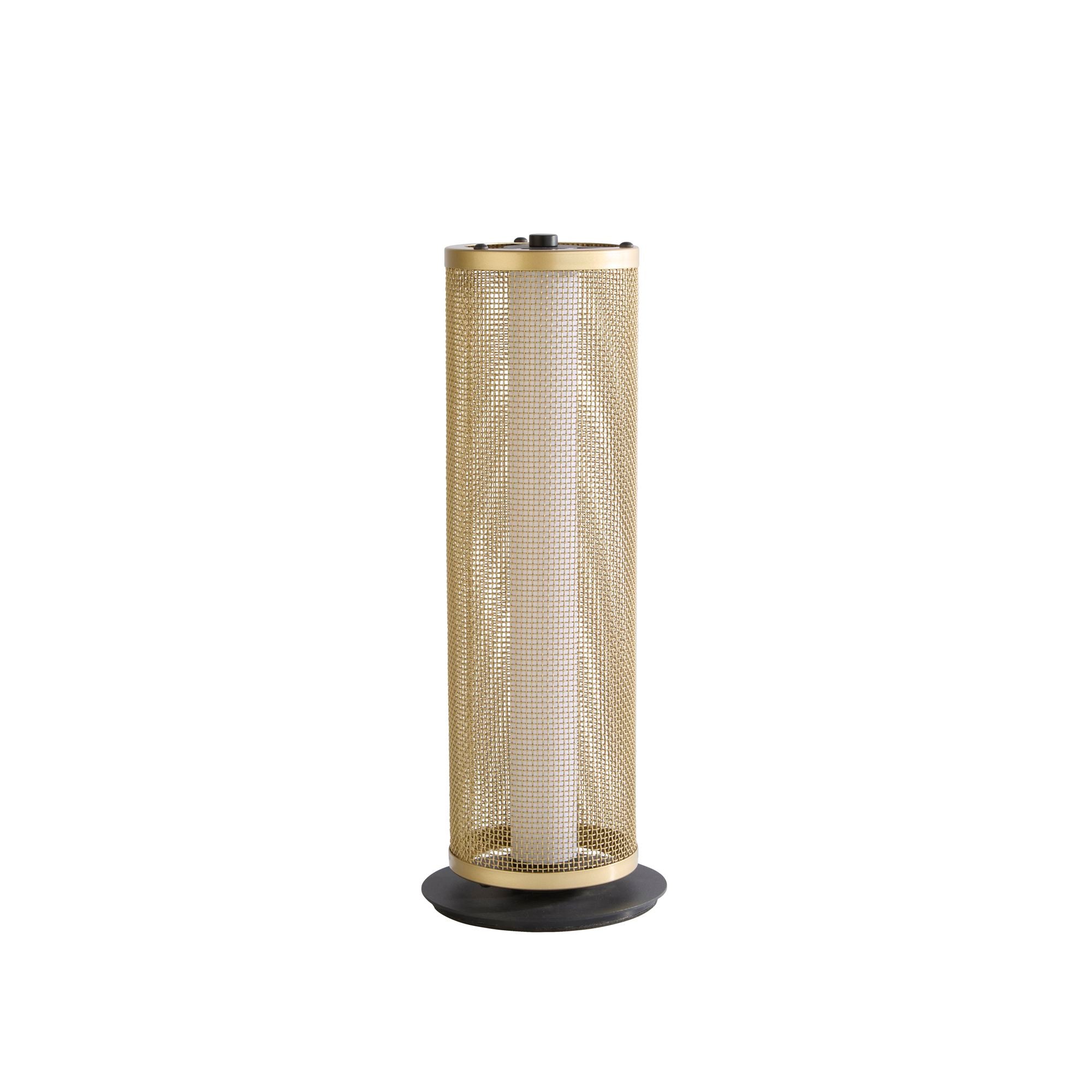 Searchlight Thread LED table lamp in gold mesh and matt black, front view, shade unlit showing mesh texture