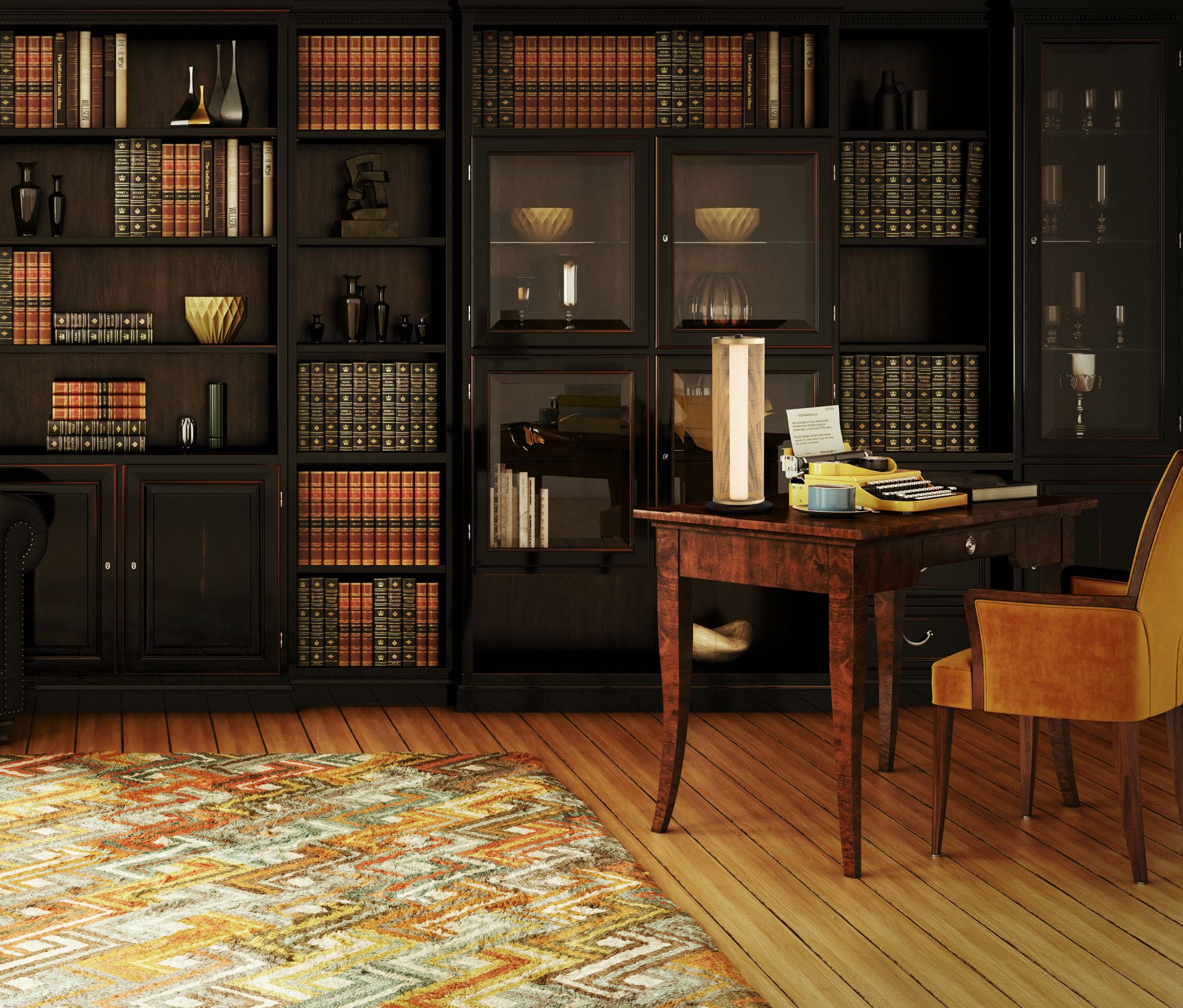 Searchlight Thread LED table lamp in gold mesh and matt black, styled on a wooden desk in a dark panelled study with a vintage typewriter, lit warm white