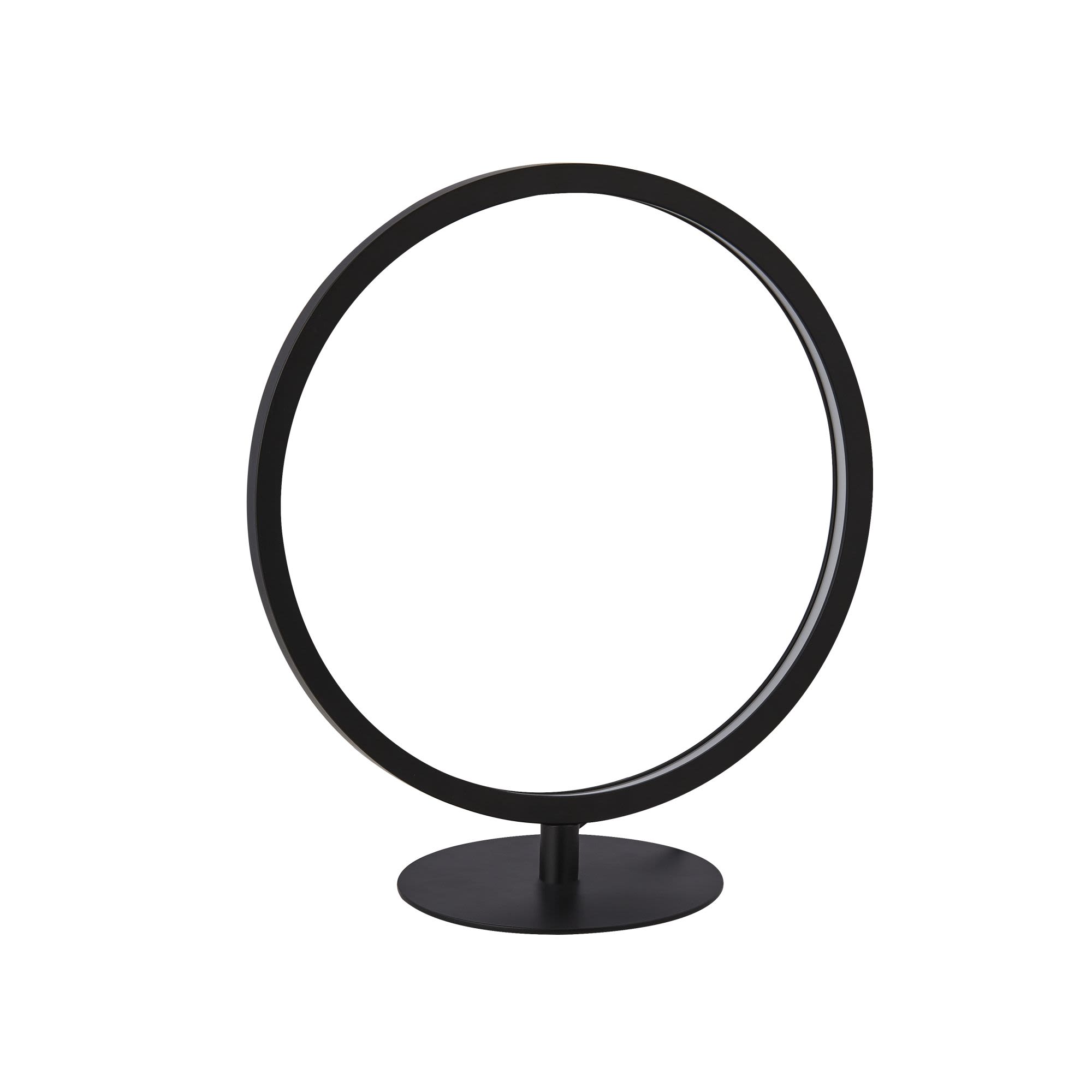Searchlight Cirque ring table lamp in black, straight on view showing the opal silicone strip lit along the inner edge of the ring