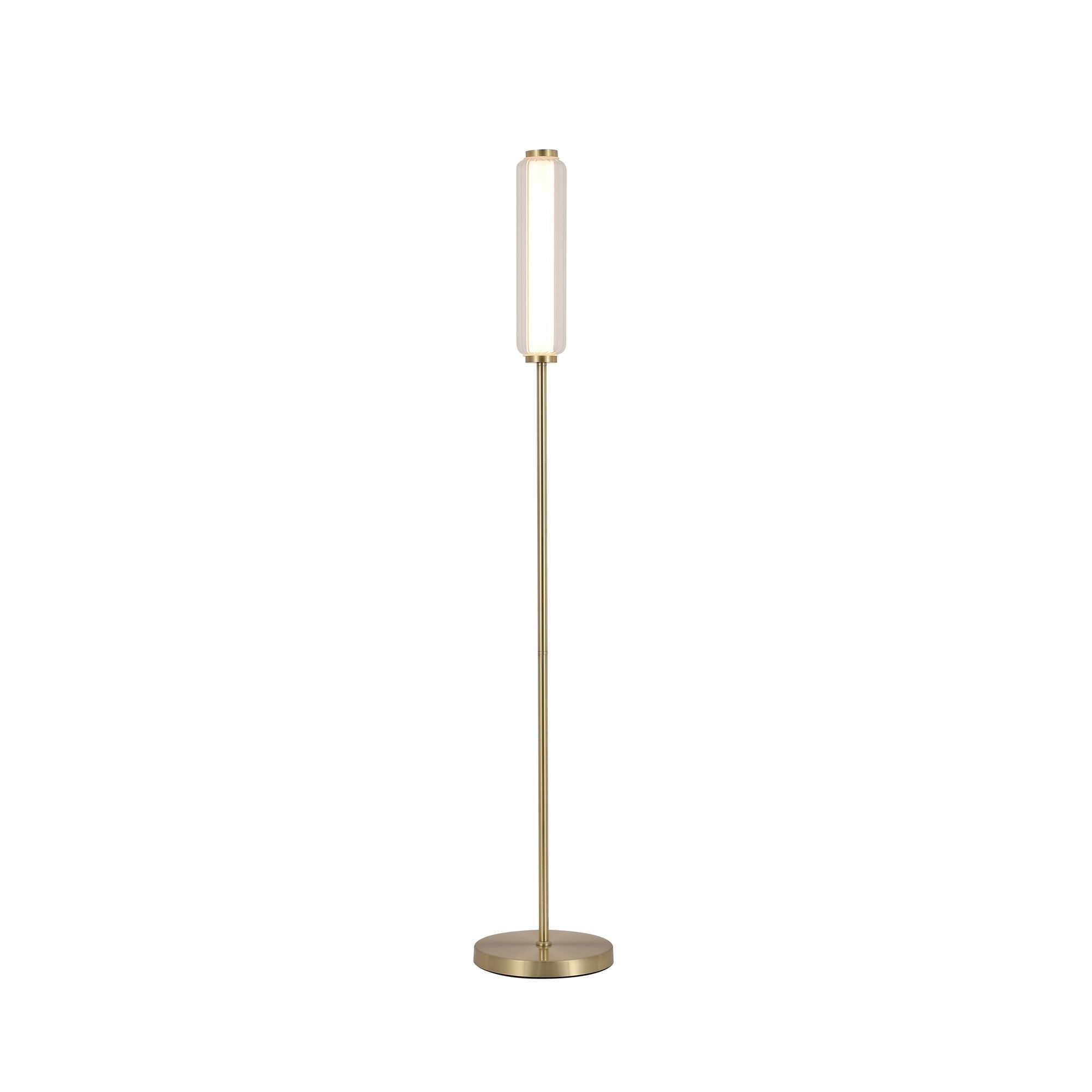 Searchlight Mod LED Floor Lamp in satin brass, full length studio shot of the tall ribbed glass column on a slim brass stem and disc base
