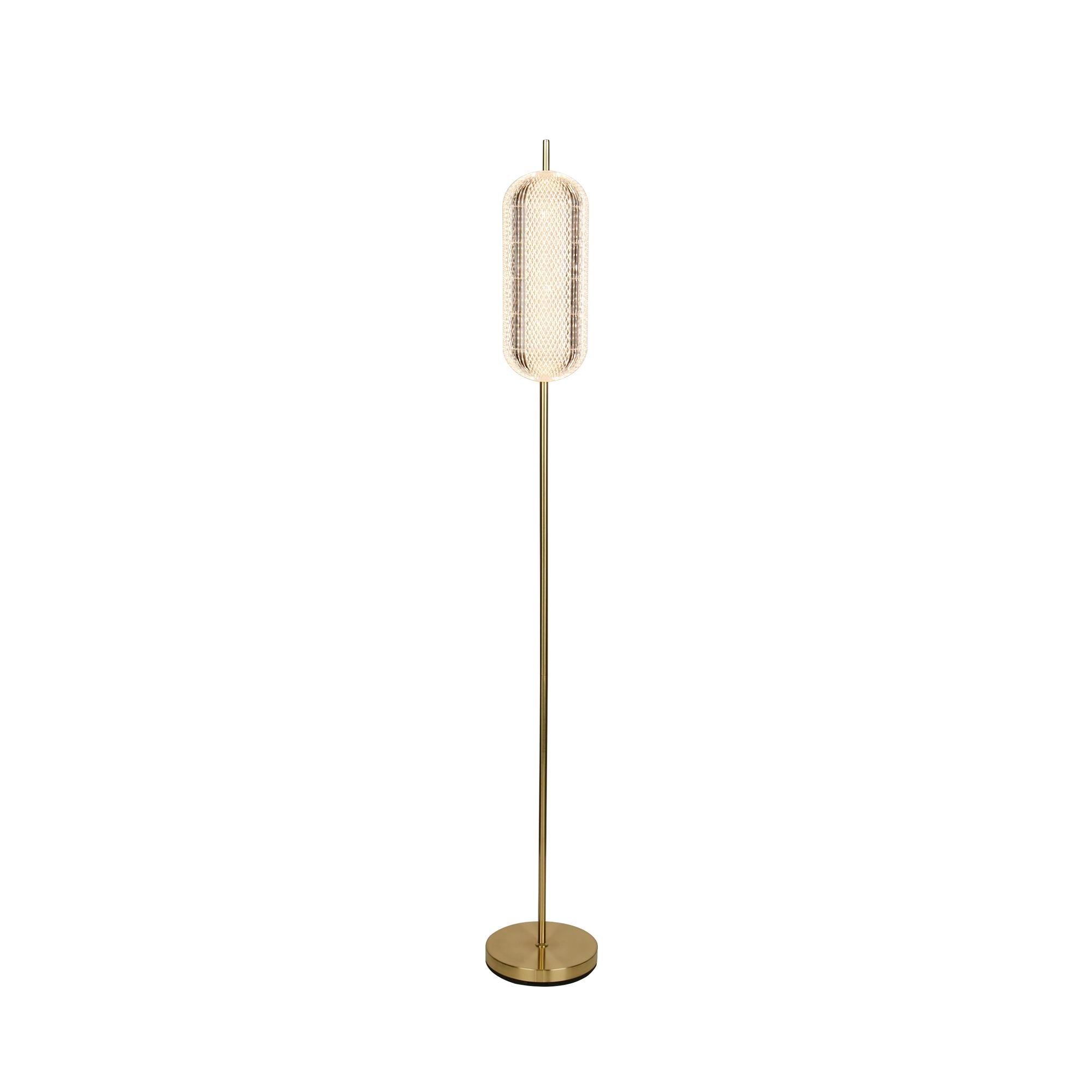 Searchlight Capsule LED floor lamp in satin brass, studio shot showing the tall slender stem, capsule shaped lattice shade and round weighted base