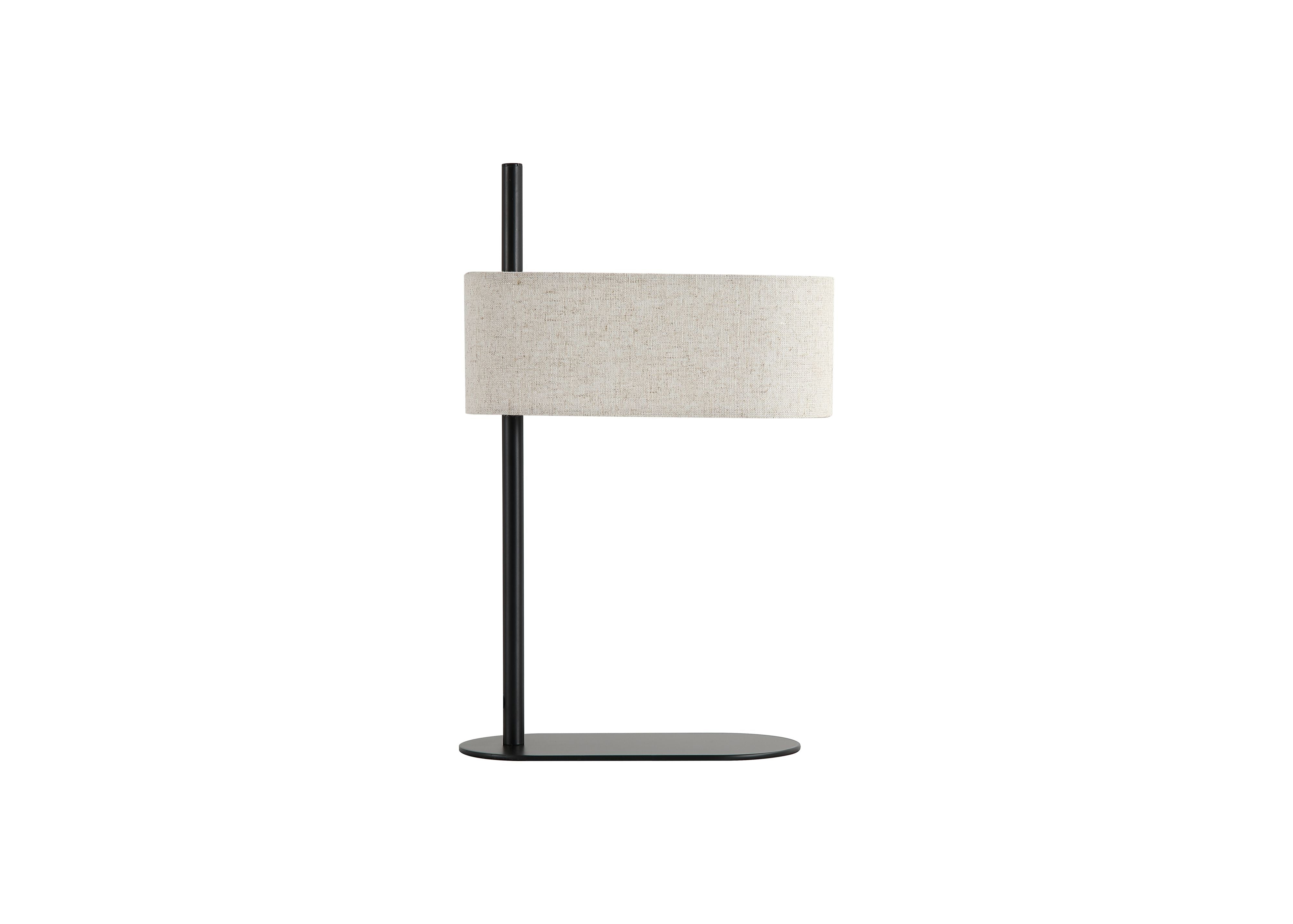 Searchlight Hessian table lamp viewed from a side angle, showing the offset oval linen shade around the black metal stem