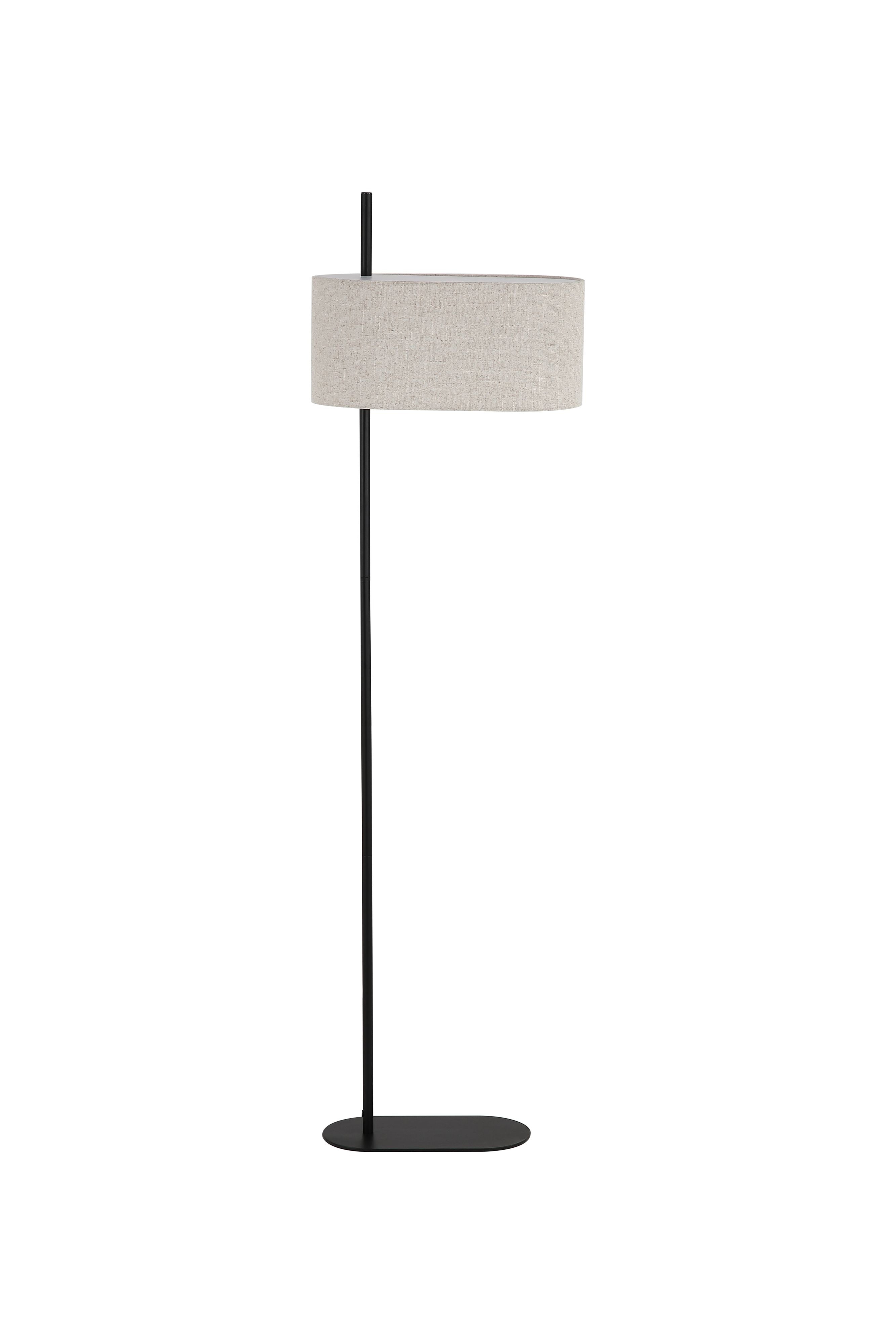 Searchlight Hessian floor lamp viewed from a side angle, showing the offset oval linen shade sitting above the black metal stem