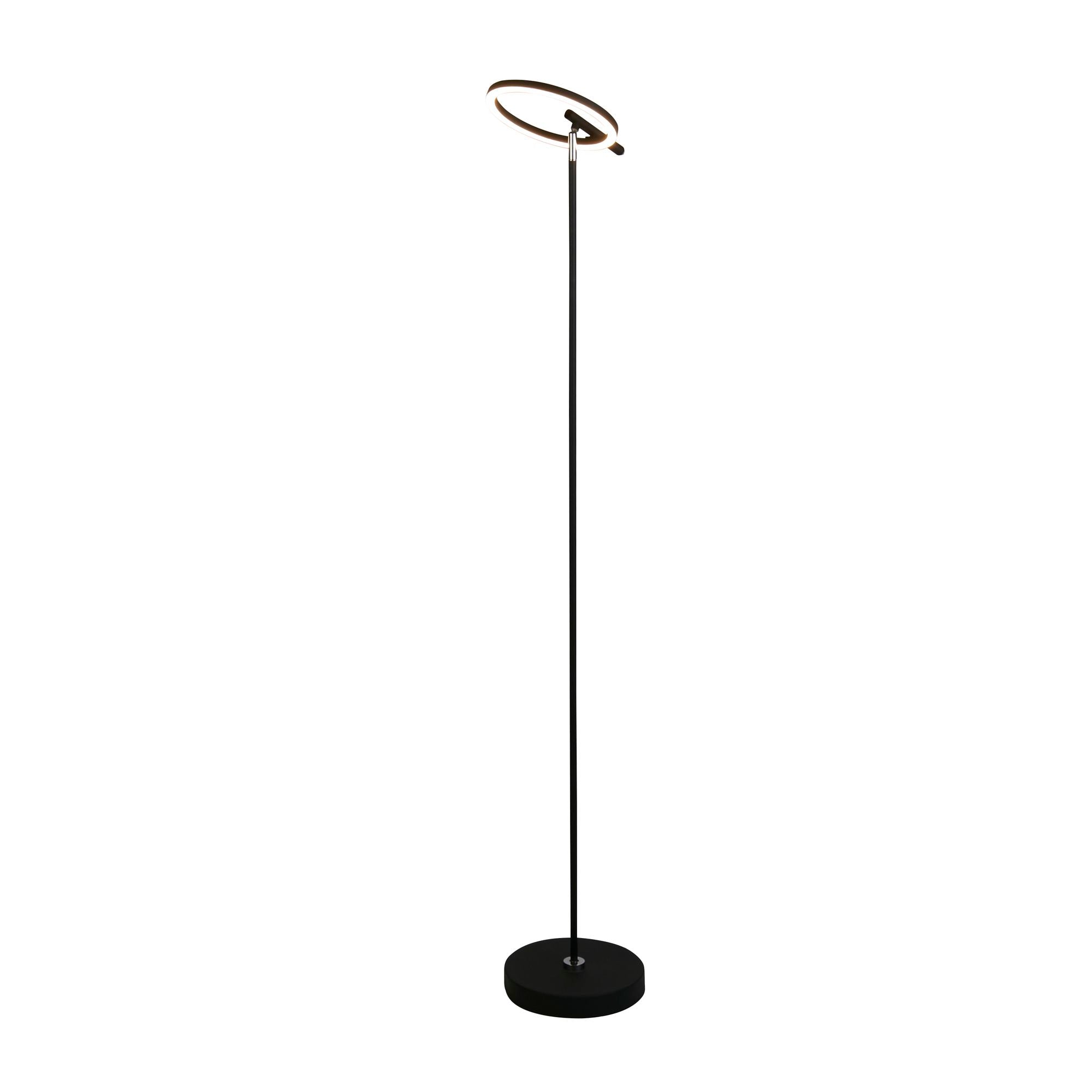 Searchlight Space LED floor lamp in black, studio shot showing the ring shaped head tilted on its tall slender stem and rectangular weighted base