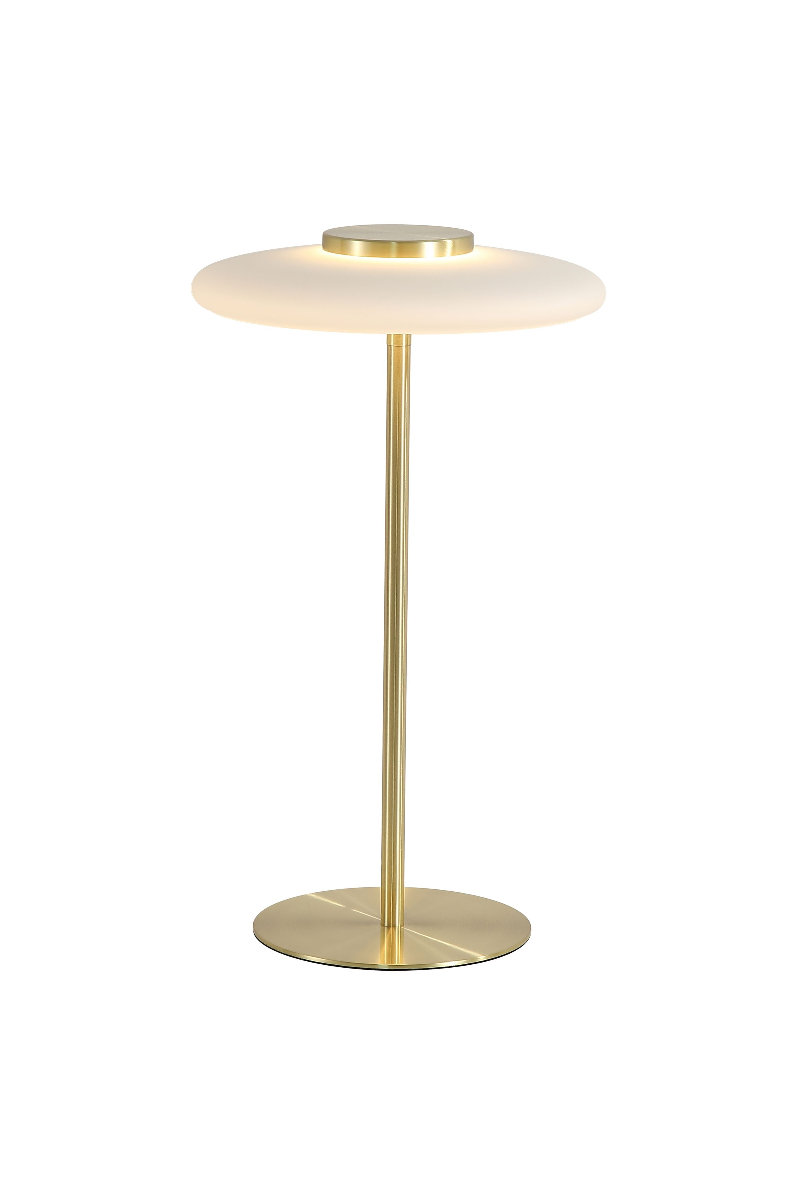 Record table lamp with a round white glass shade on a satin brass stem and base, on a plain white background