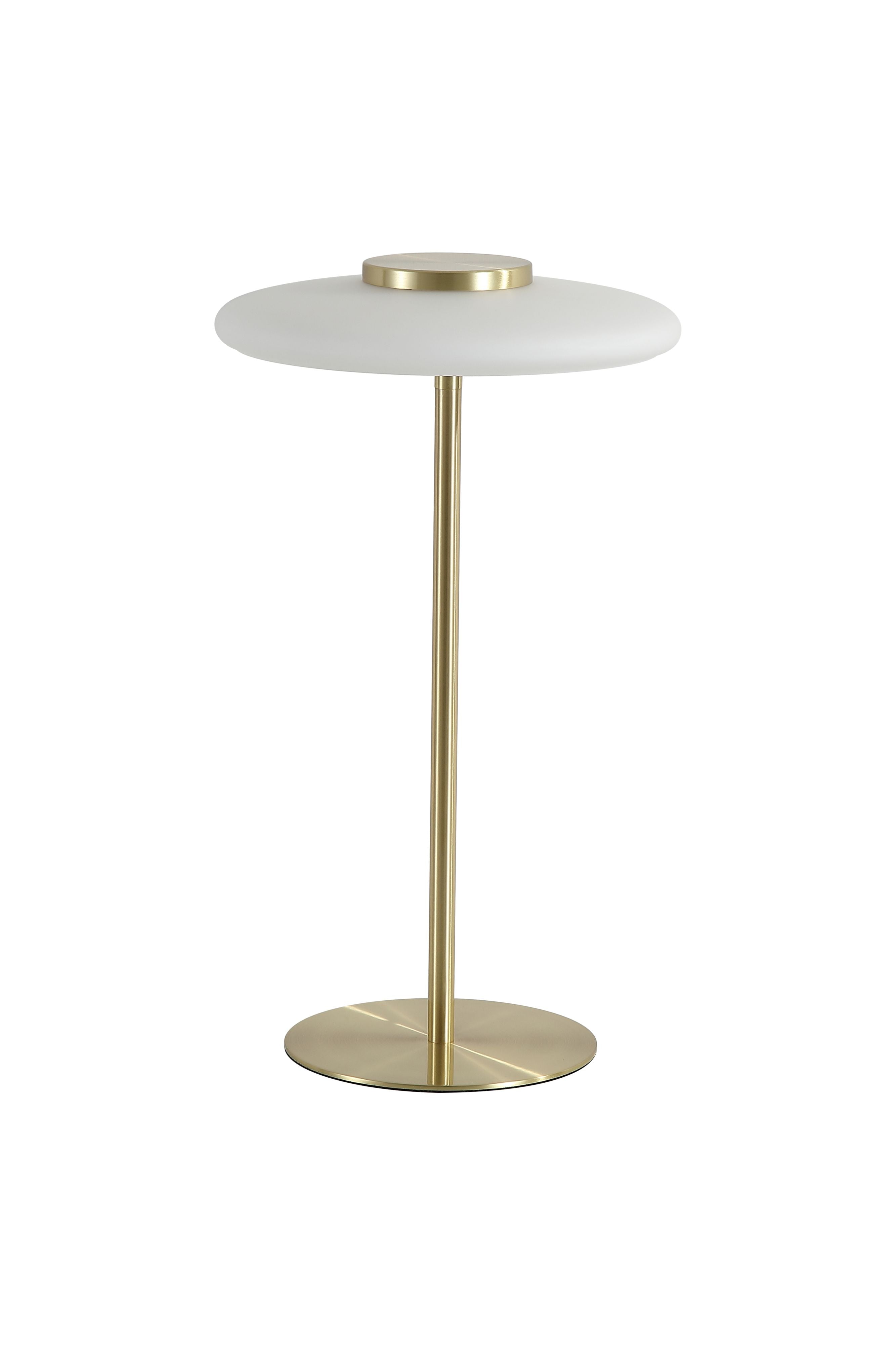 Record table lamp with a round white glass shade on a satin brass stem and base, shown from a second studio angle