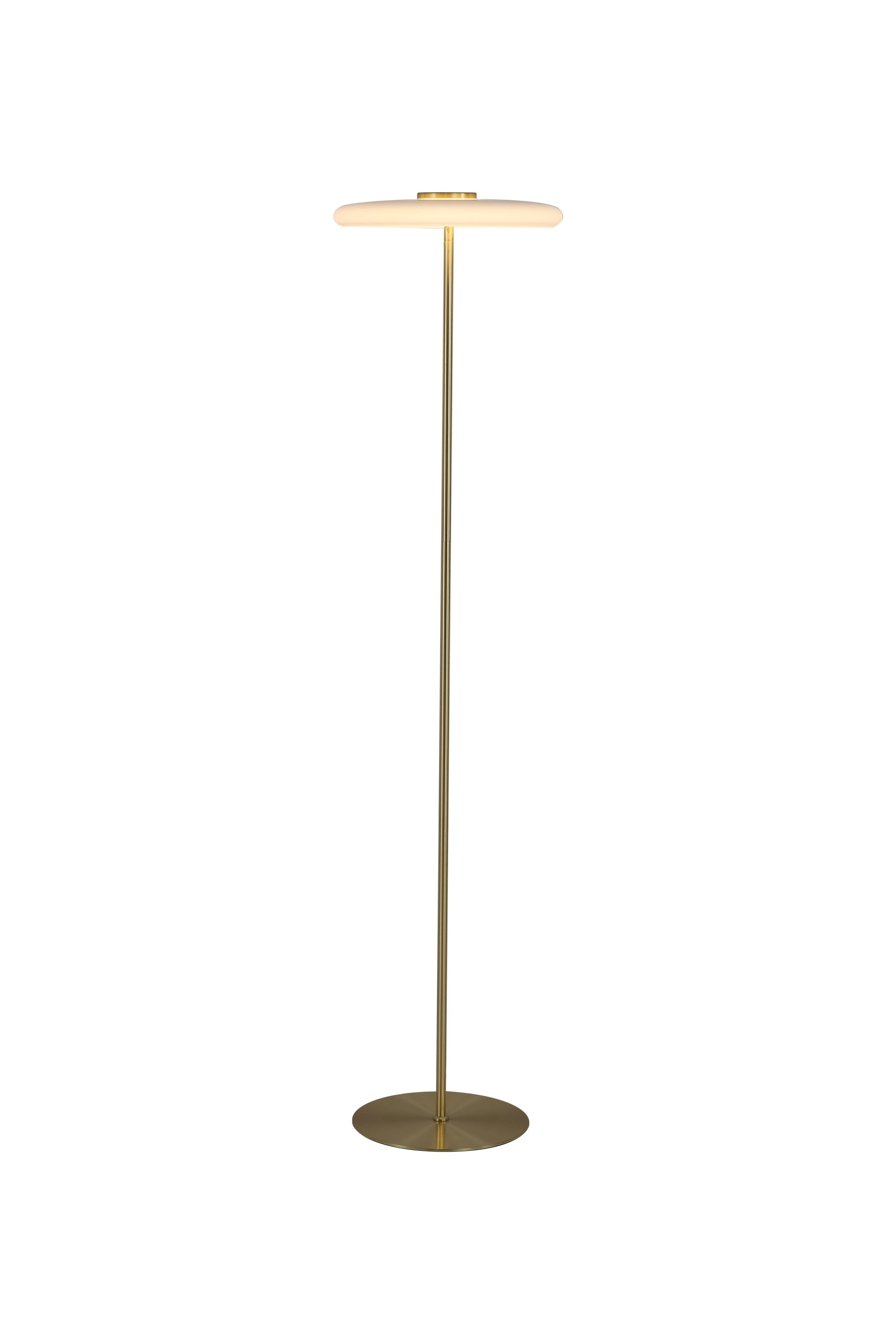 Record floor lamp with a round white glass shade on a tall satin brass column and circular base, on a plain white background