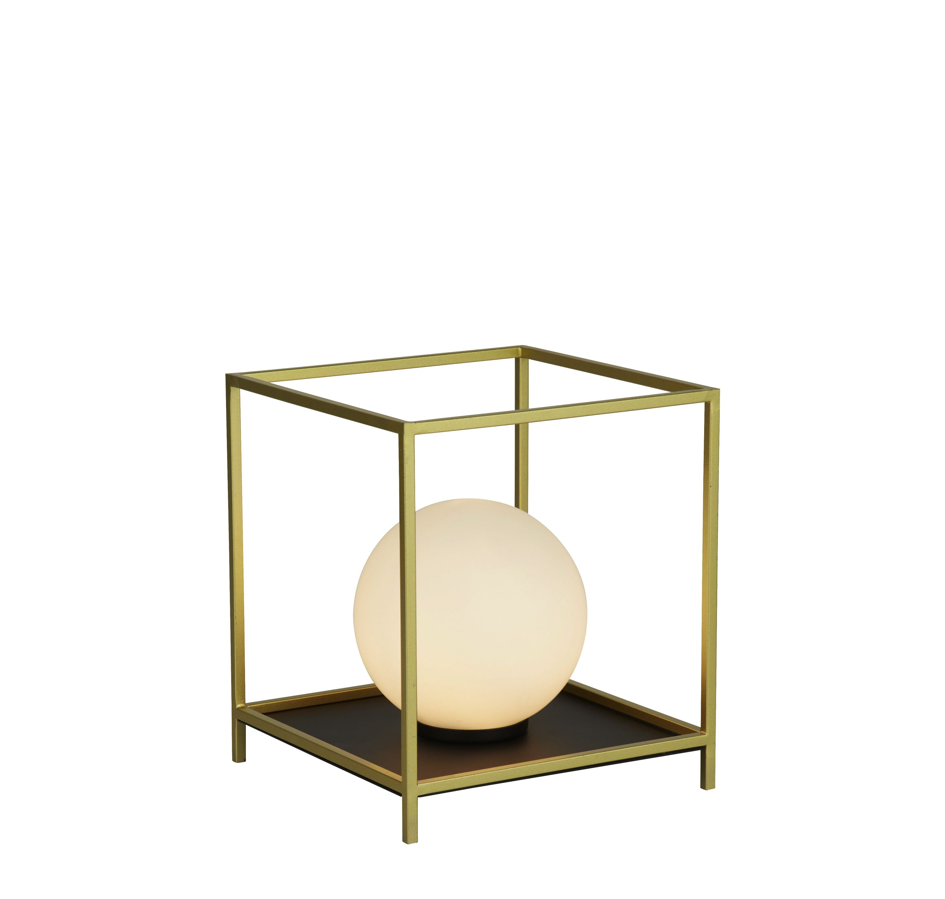 Searchlight Block table lamp with an open gold metal cube frame and lit opal glass globe shade on a black base, studio shot