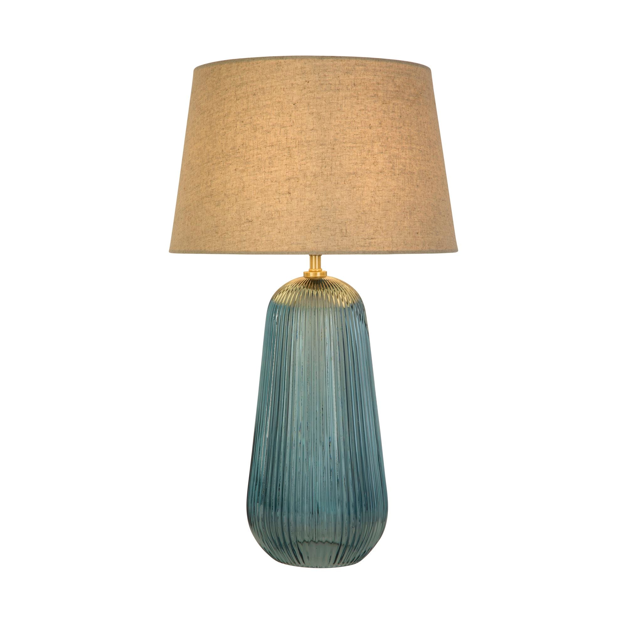 Searchlight Cameo table lamp with ribbed blue glass base and natural linen shade, studio shot on a white background