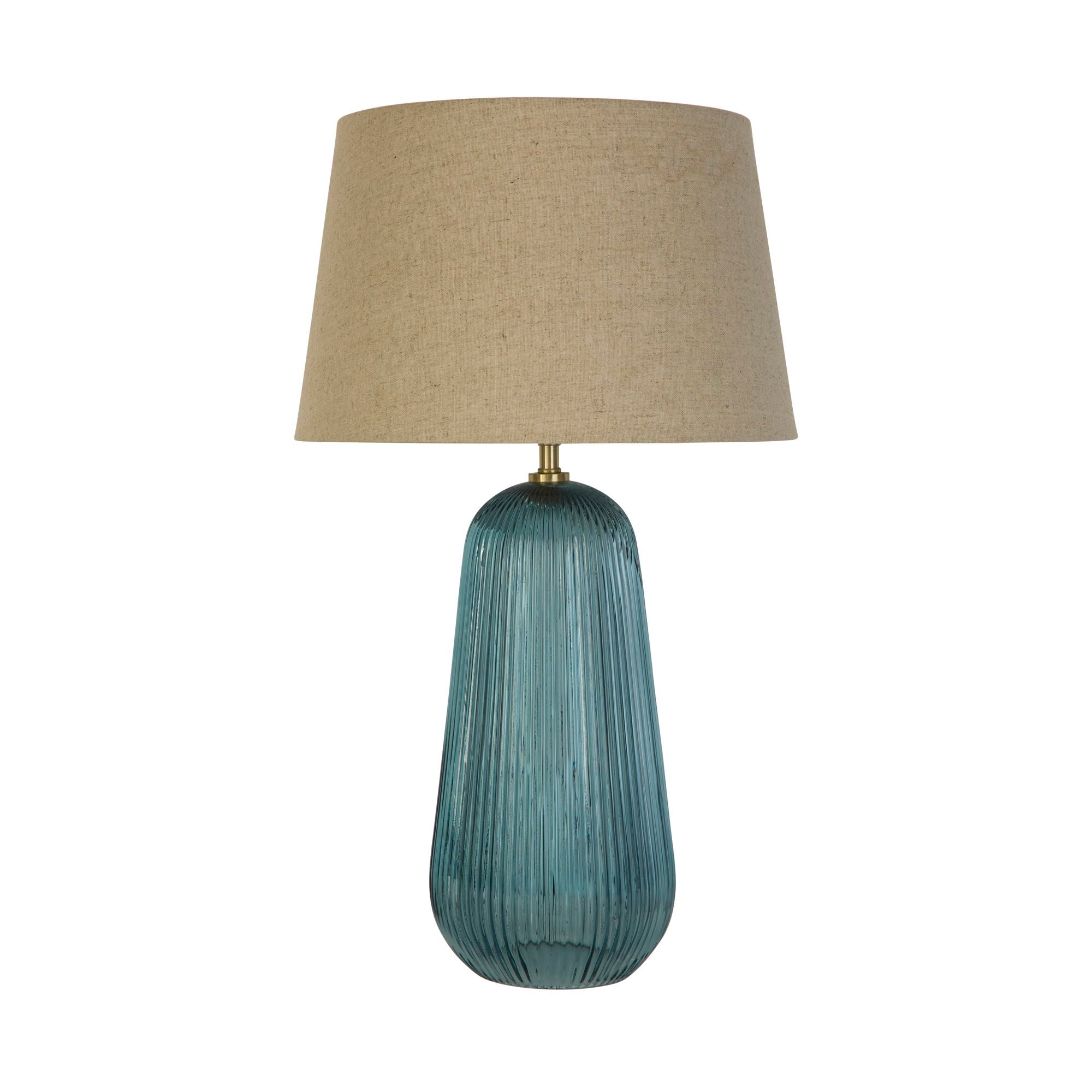 Searchlight Cameo table lamp with ribbed blue glass base and natural linen shade, front view on a white background