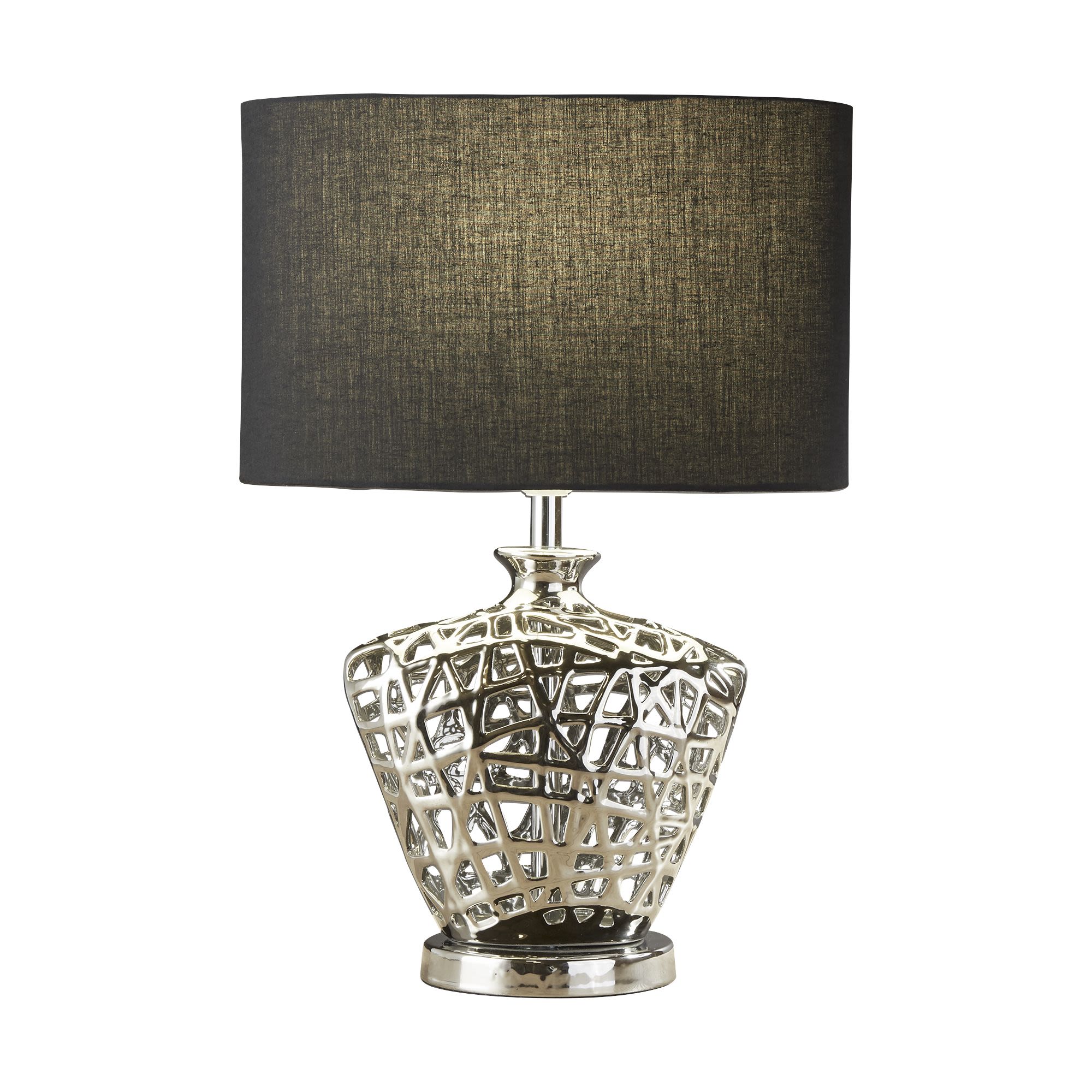 Searchlight Network table lamp with an openwork chrome effect ceramic base and a black oval fabric shade, studio shot