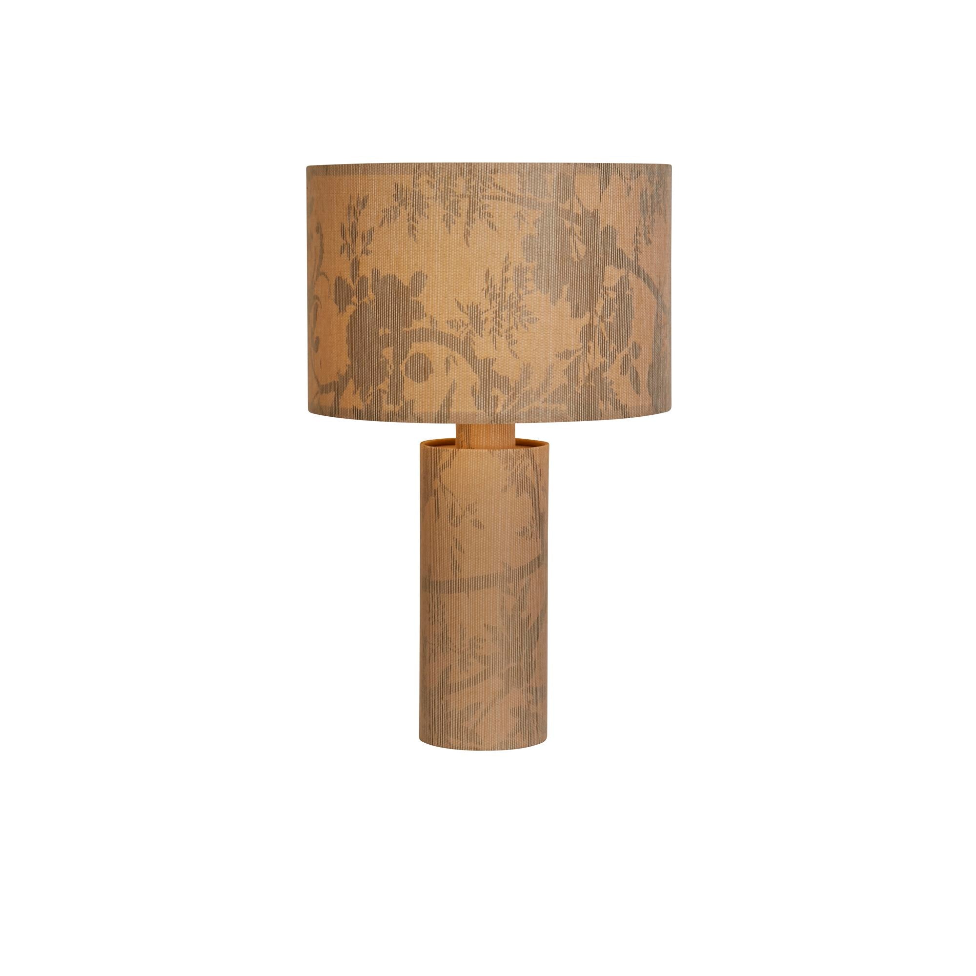 Searchlight Isla Table Lamp with a leaf print recycled paper drum shade and matching ribbed paper base, studio shot on a white background
