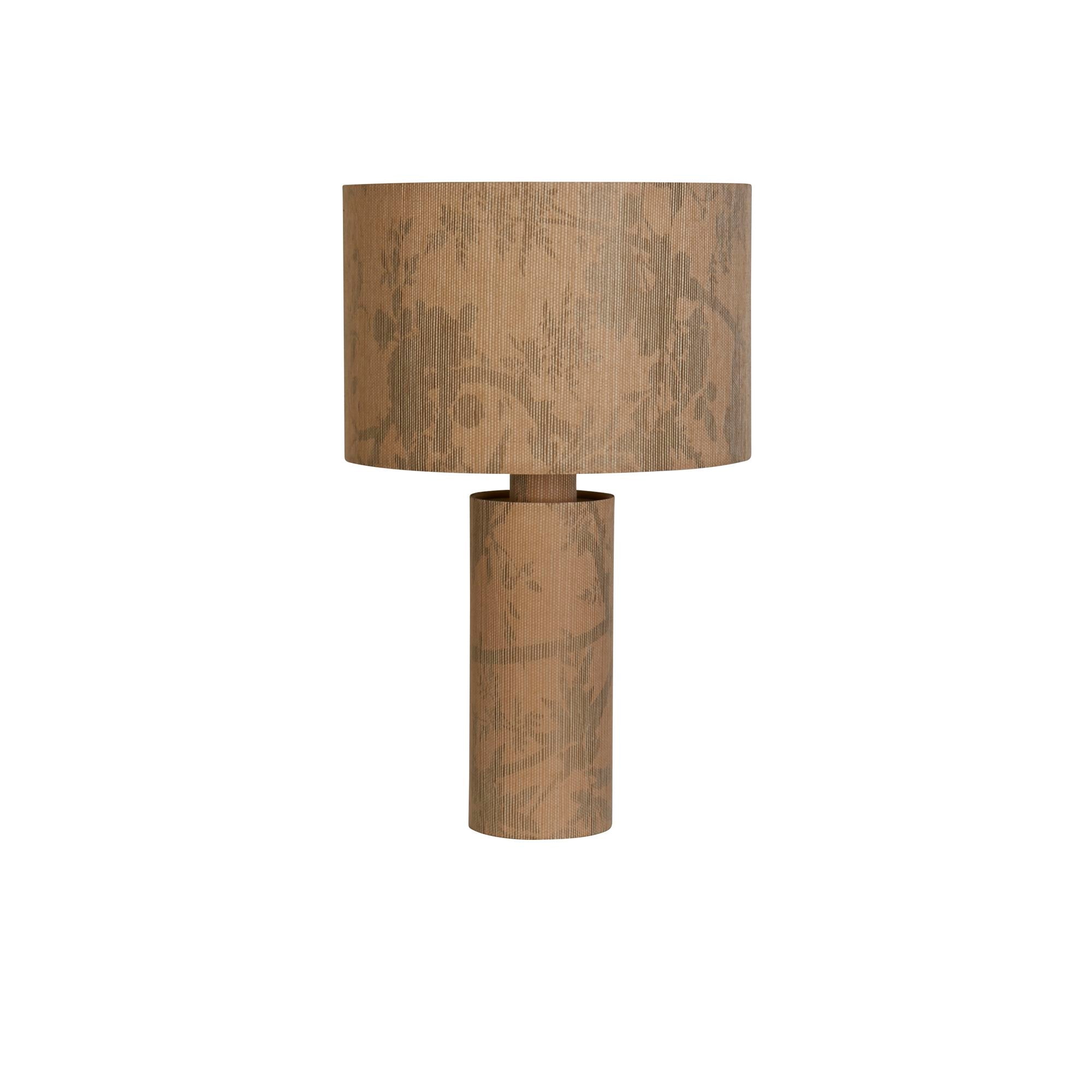 Searchlight Isla Table Lamp shown at an angle, showing the leaf print pattern continuing from the shade down onto the ribbed base, studio shot on white background