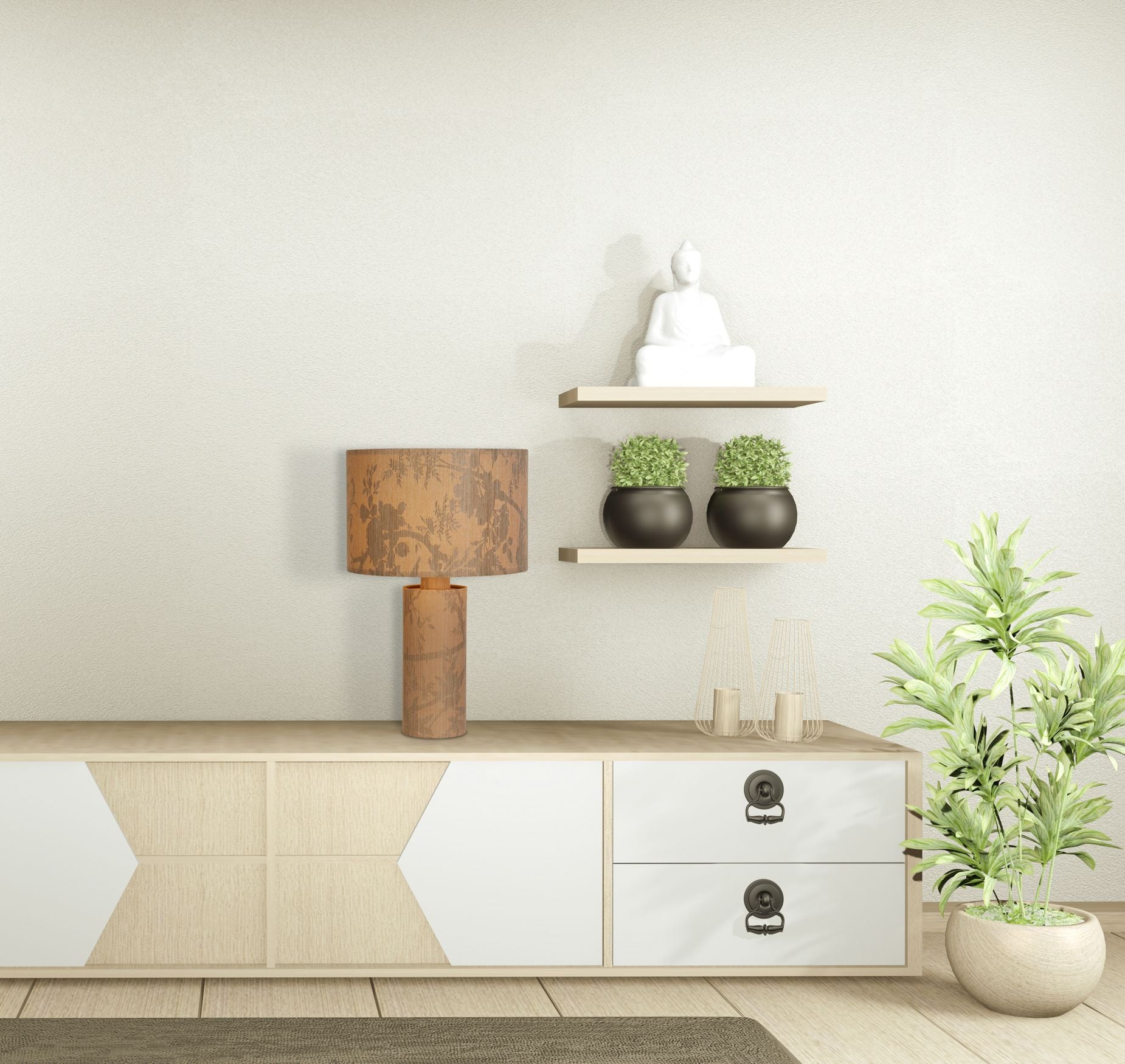 Isla Table Lamp styled on a wooden sideboard beneath floating shelves with a Buddha ornament and potted plants, in a warm toned living room setting