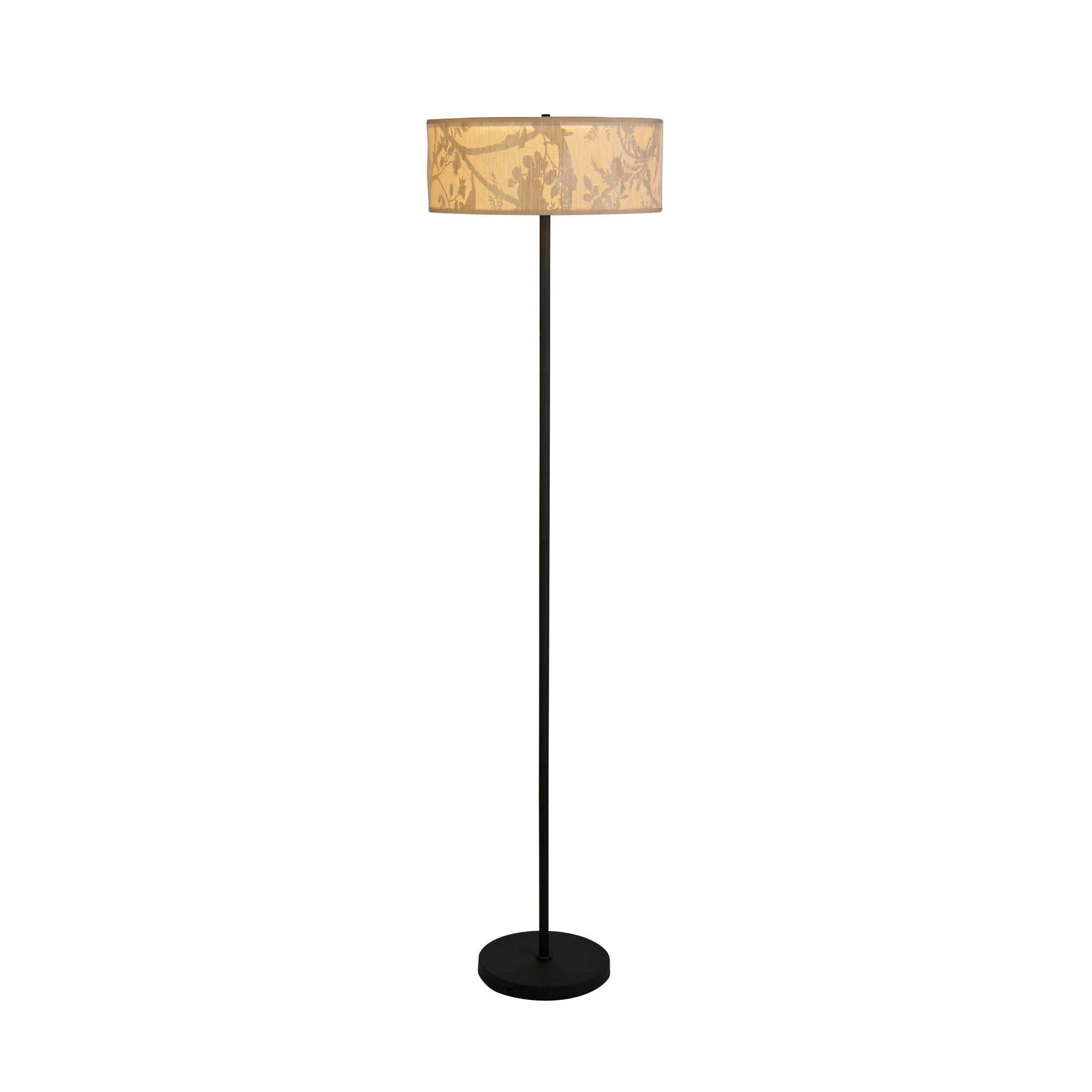 Searchlight Isla 3 Light Floor Lamp with a leaf print recycled paper drum shade on a slim black stand and round base, studio shot on white background