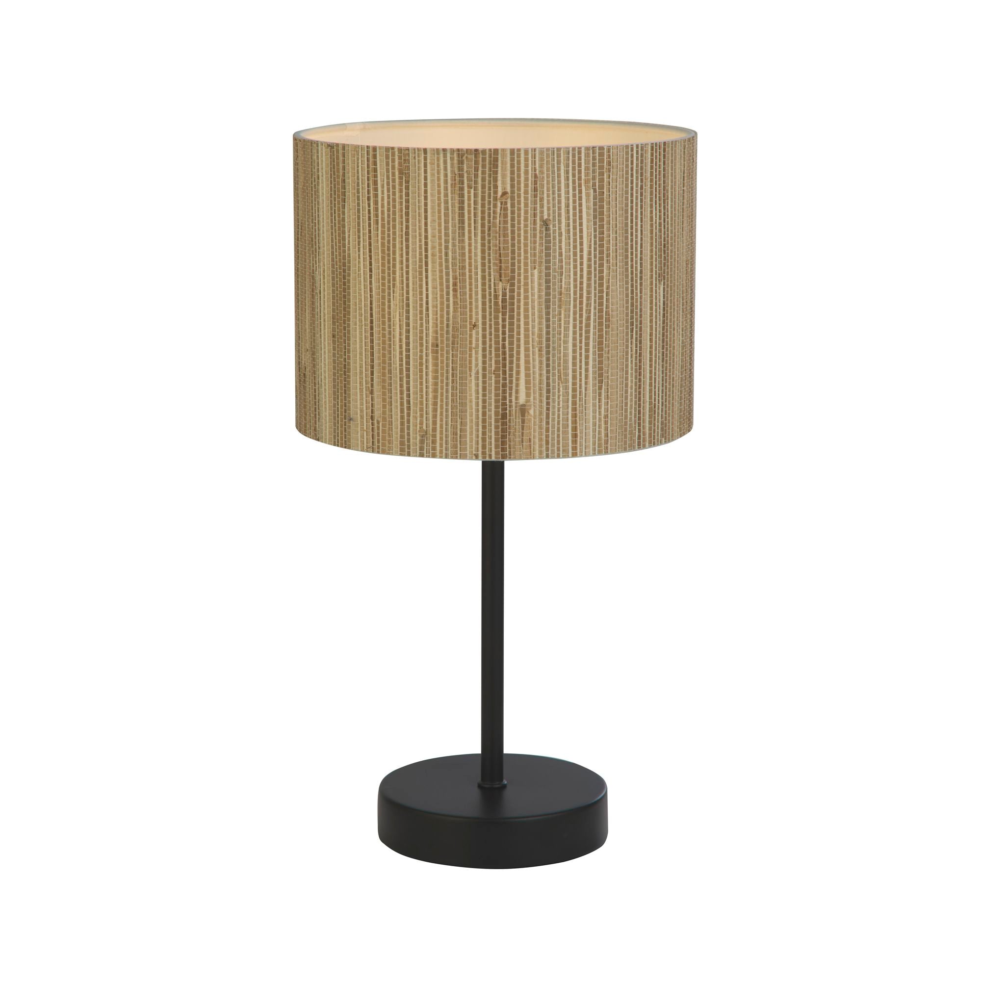 Searchlight Meadow table lamp with natural grass drum shade and black stem and base, studio shot on white background