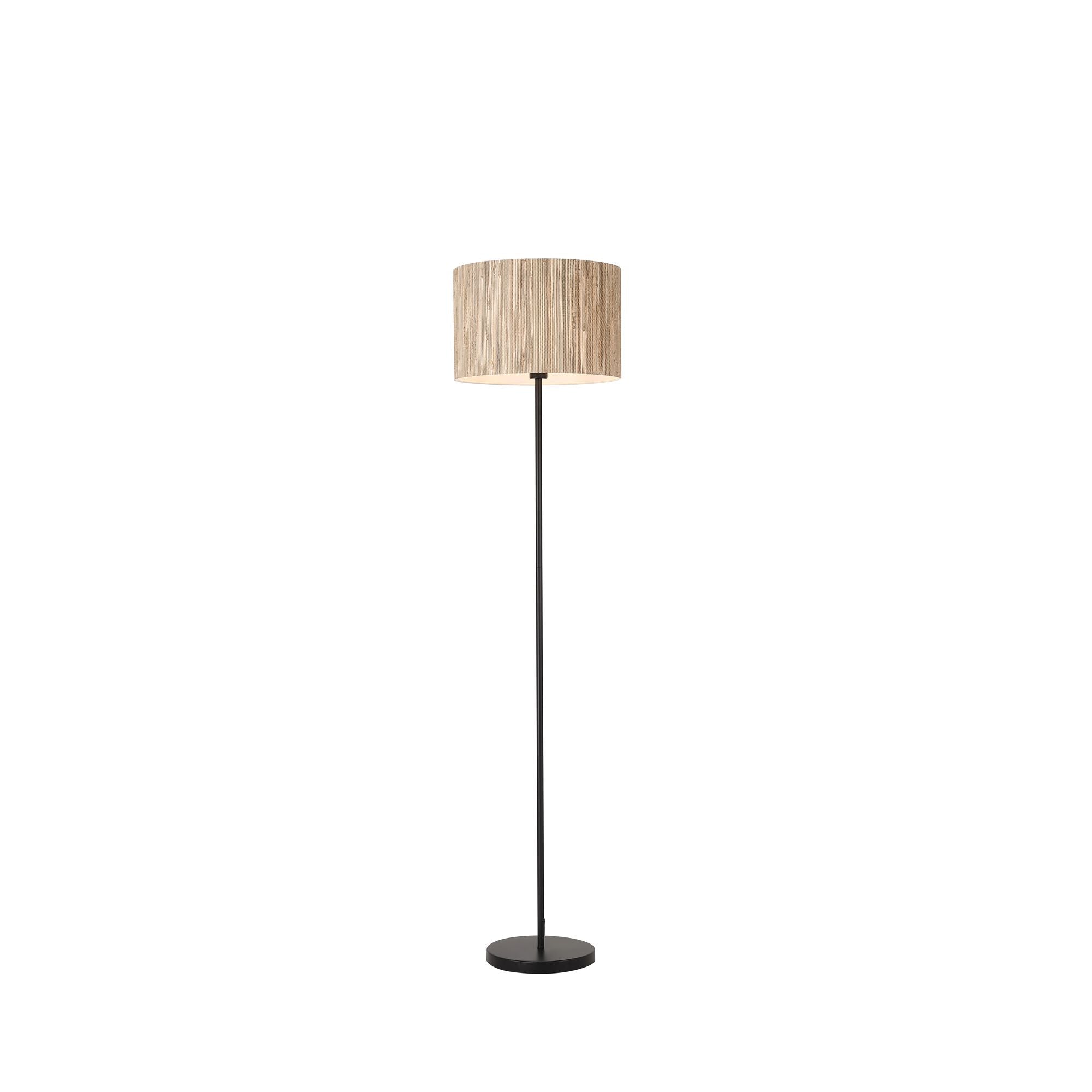 Searchlight Meadow floor lamp with natural grass drum shade and black pole and base, studio shot on white background
