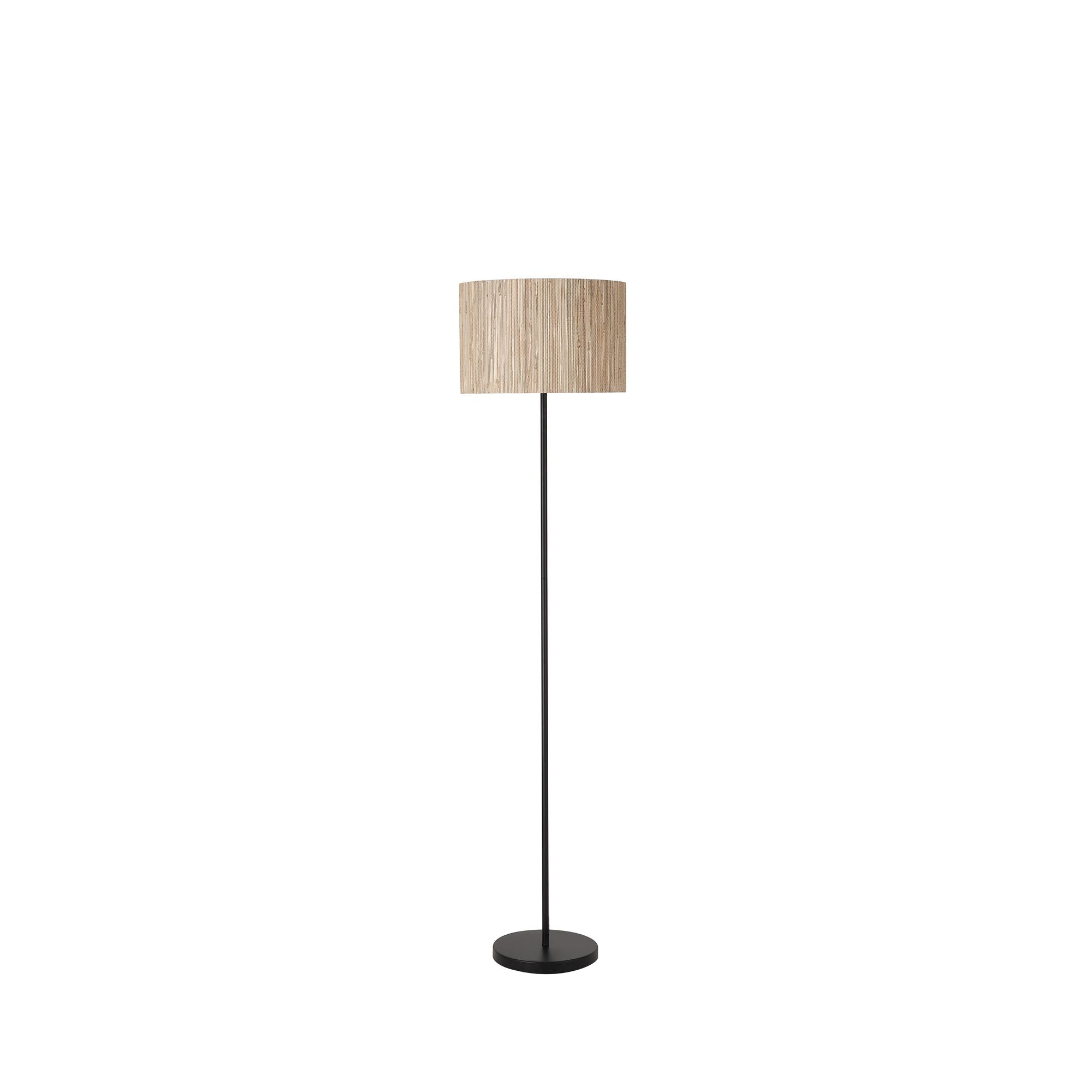 Searchlight Meadow floor lamp, second studio angle showing the full height black pole and natural grass shade