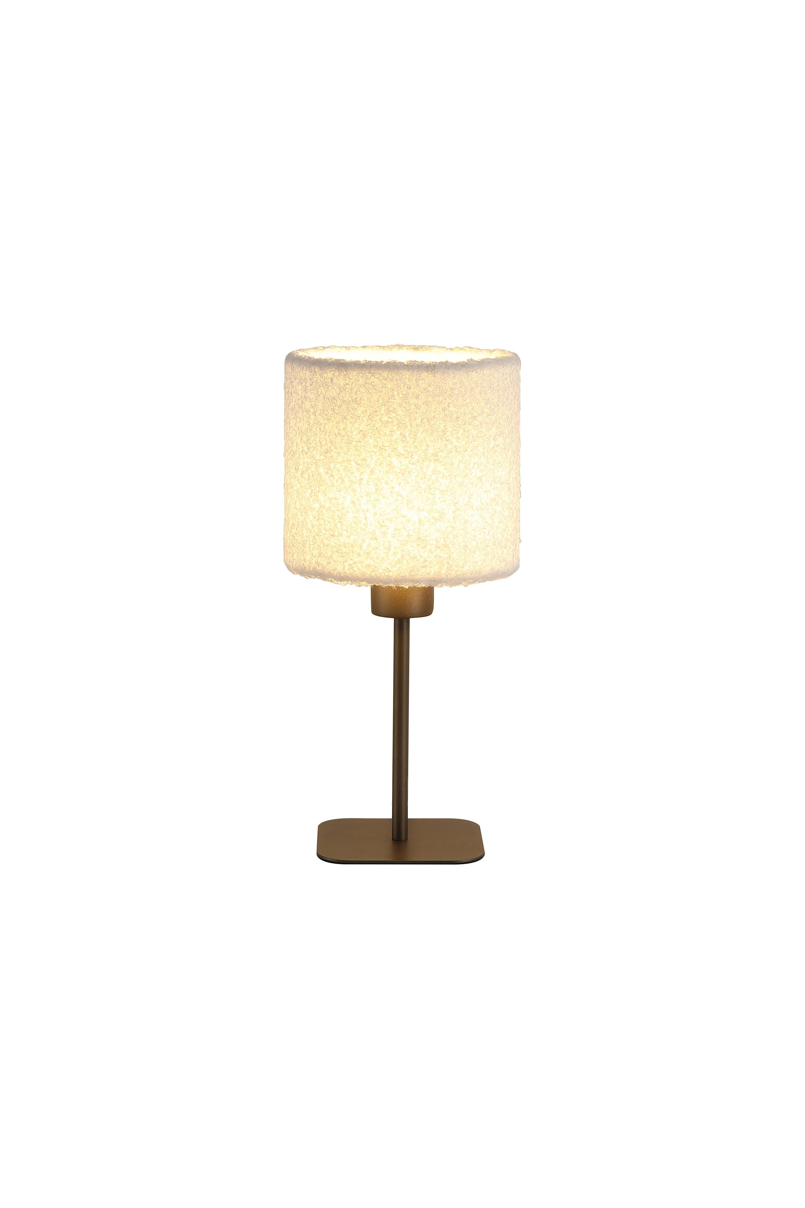 Searchlight Chelsea table lamp with latte metal stem and cylindrical ivory plush shade, lit and shown from the front against a white background