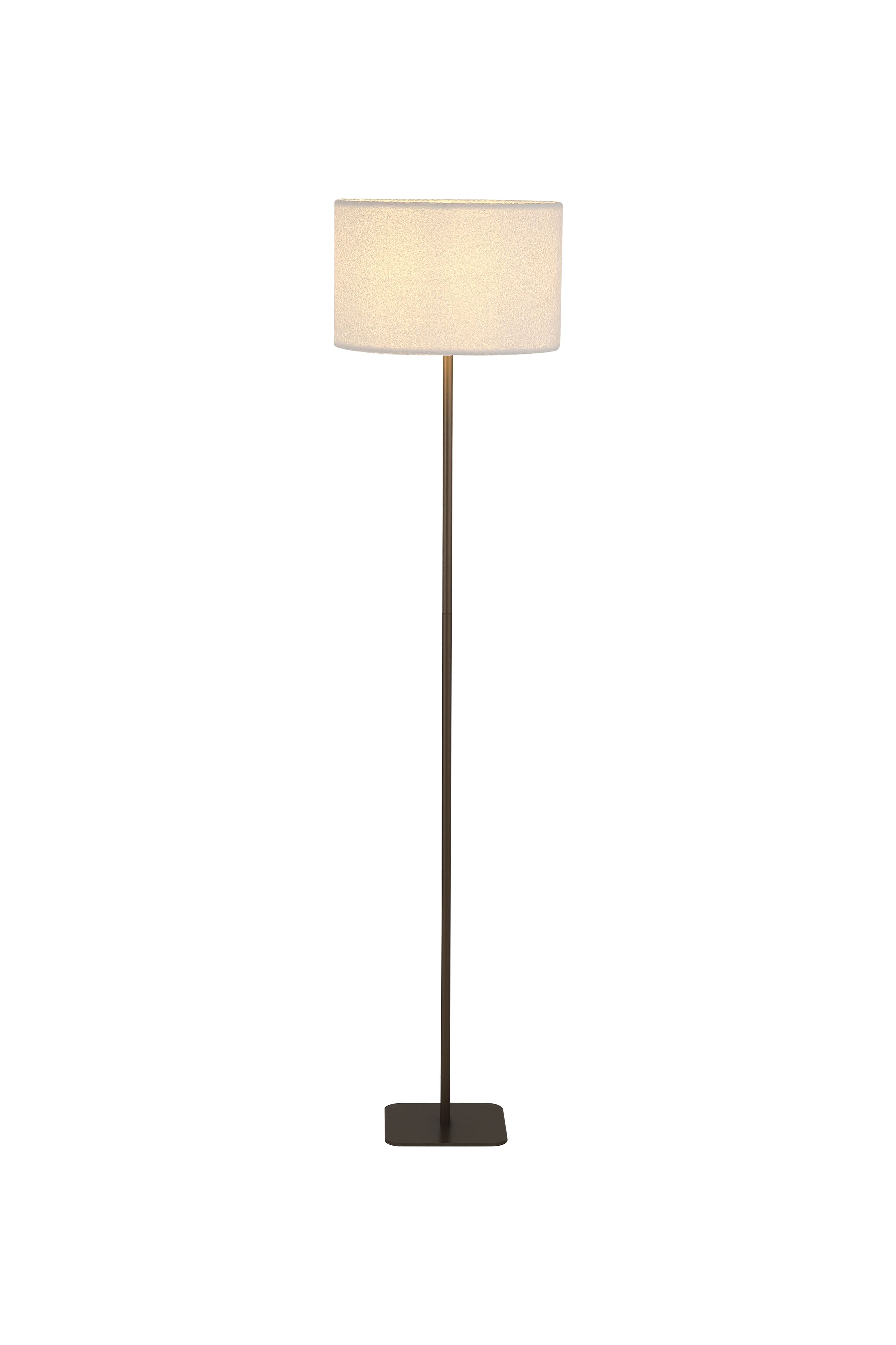 Searchlight Chelsea floor lamp in latte metal with a cream boucle drum shade, studio shot on a white background