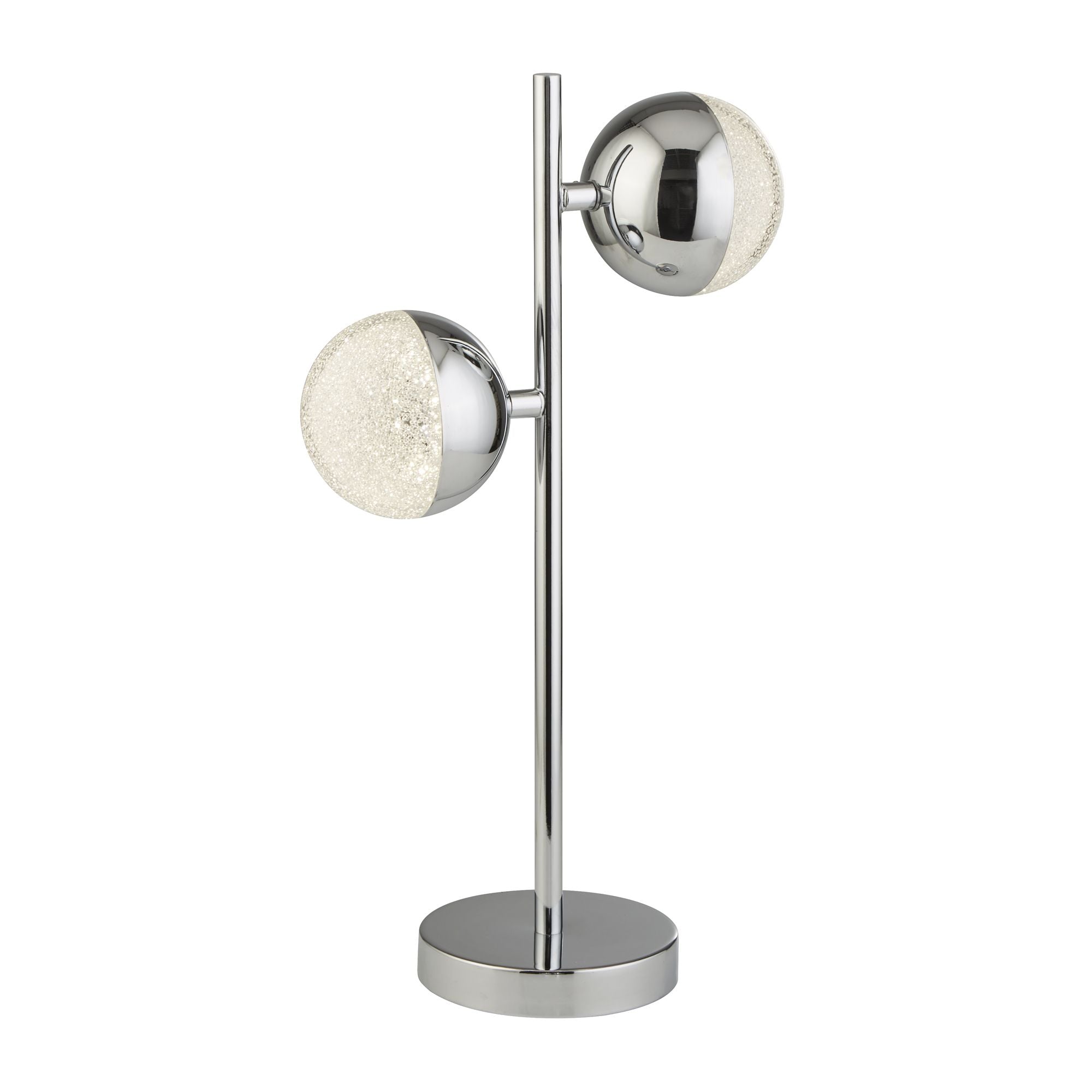 Marbles table lamp in chrome with two crystal sand glass ball shades, one tilted up and one down, on a plain white background