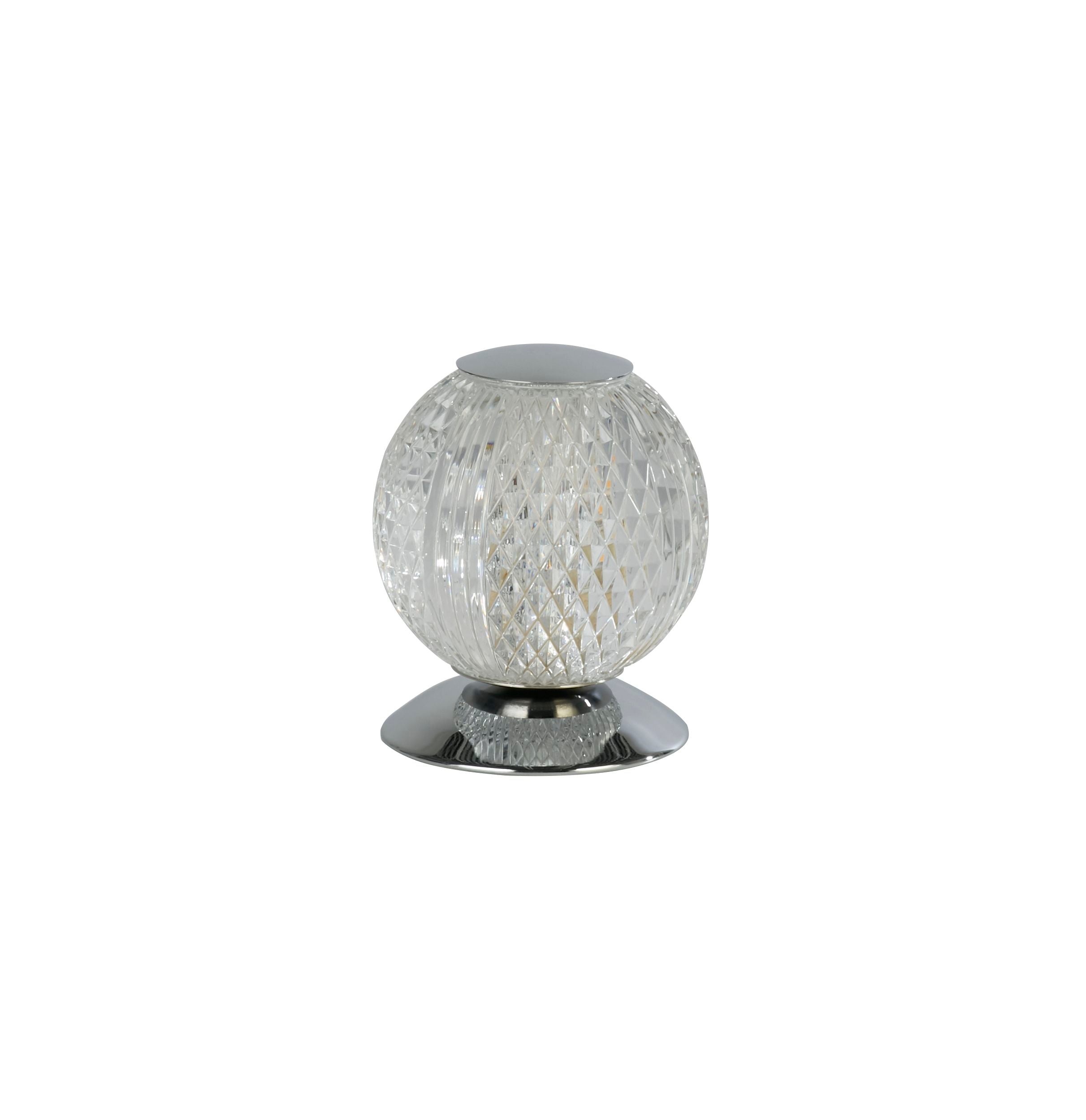 Searchlight Allure table lamp in chrome, alternate angle showing the diamond cut texture of the illuminated acrylic globe shade