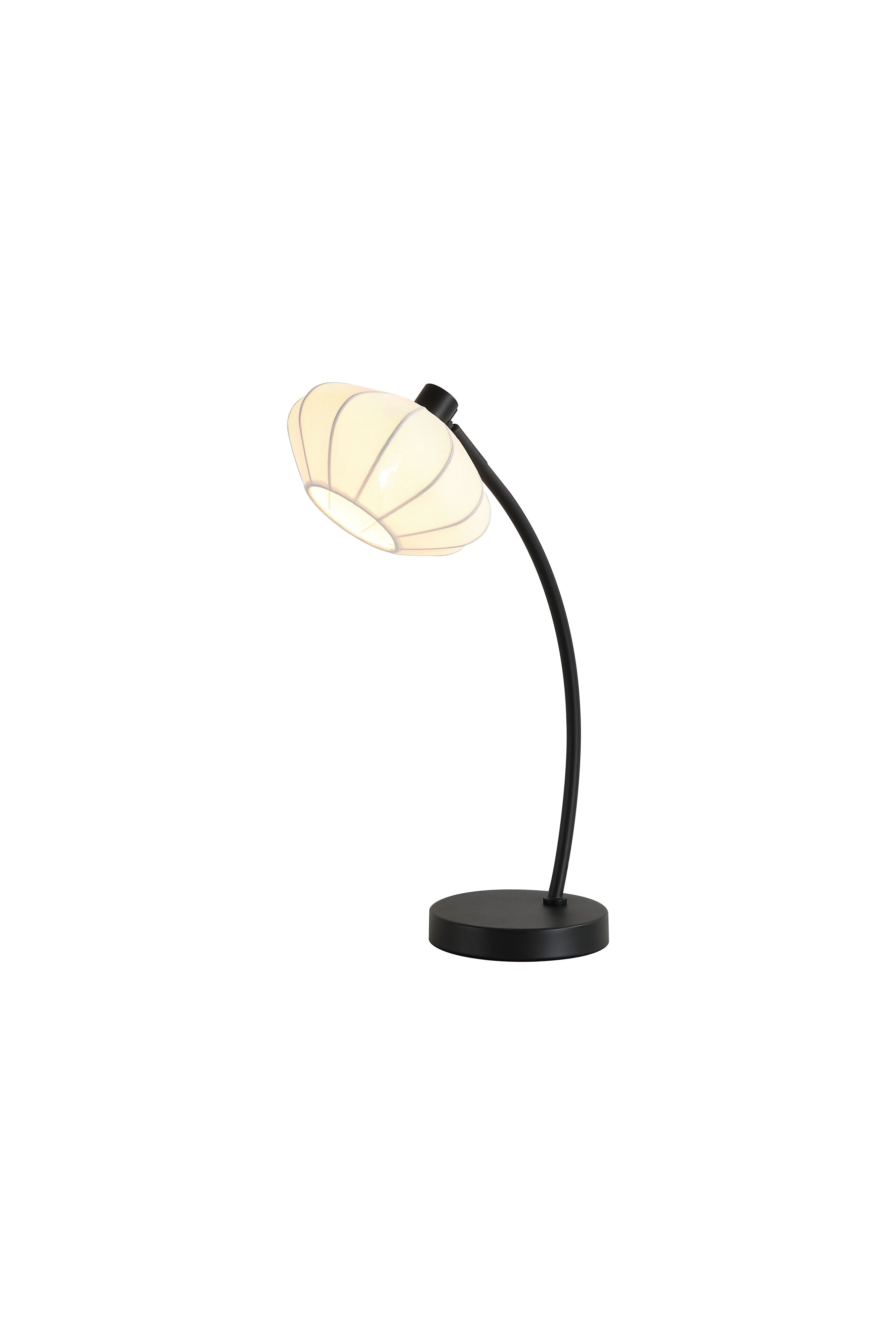 Searchlight Radiant table lamp with a curved matt black stem and bud shaped white ribbed shade, studio shot on white