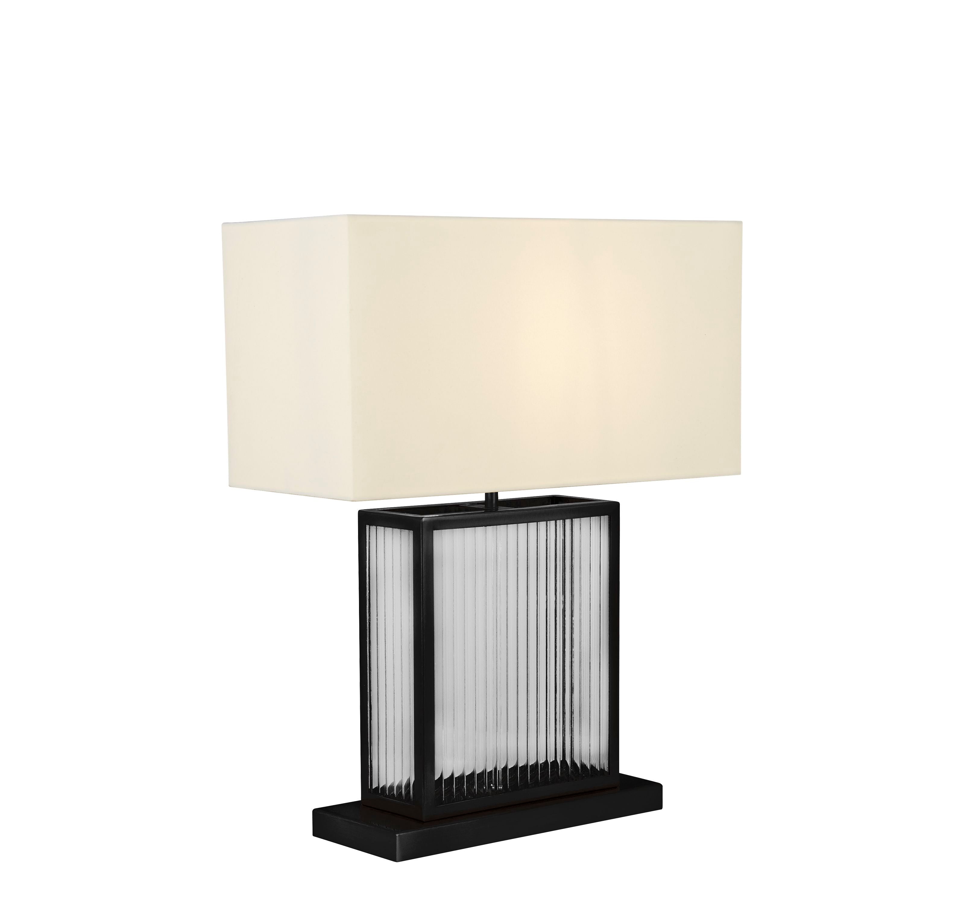 Searchlight Clarendon table lamp in matt black with fluted tempered glass panels and a rectangular ivory fabric shade, studio shot at an angle