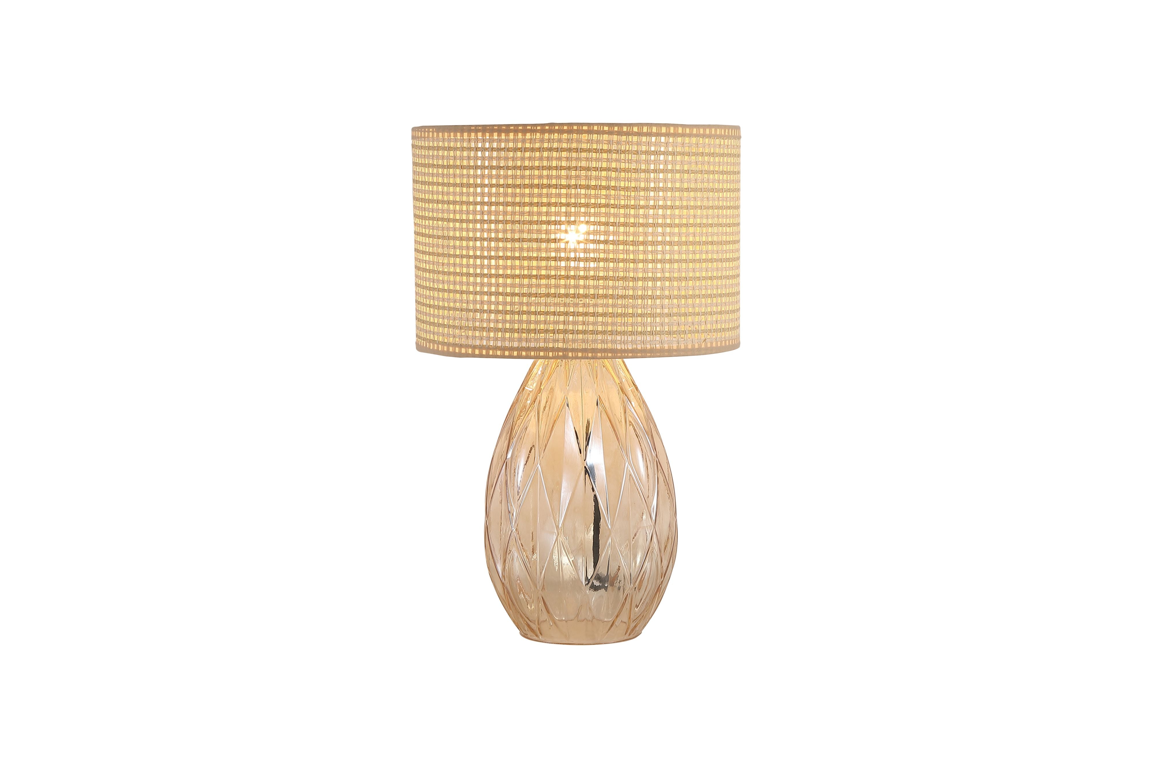 Searchlight Diane table lamp with faceted champagne glass base and a lit woven rattan drum shade, studio shot